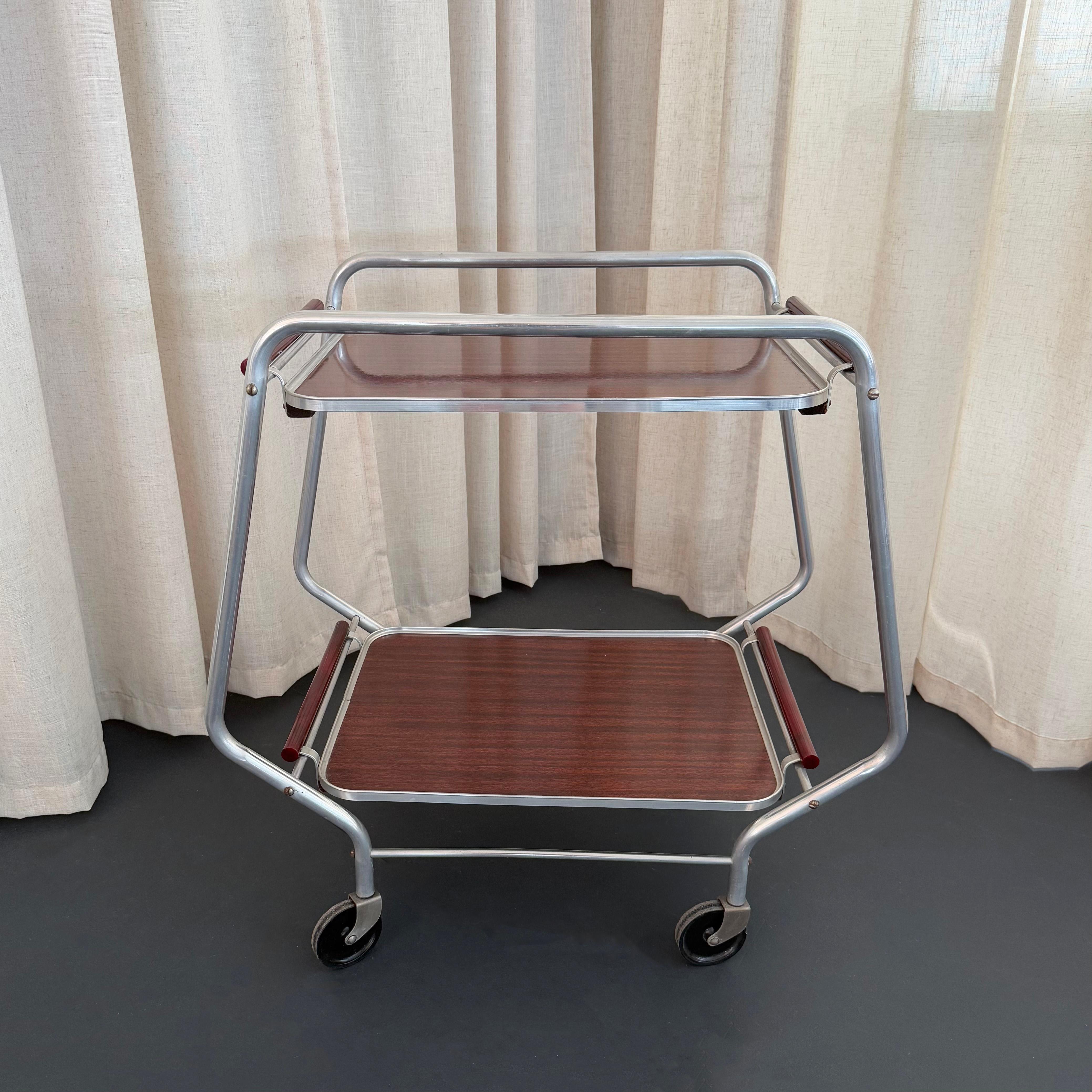 American Art Deco Aluminum Bar Cart Trolley With Bakelite Tray Handles For Sale