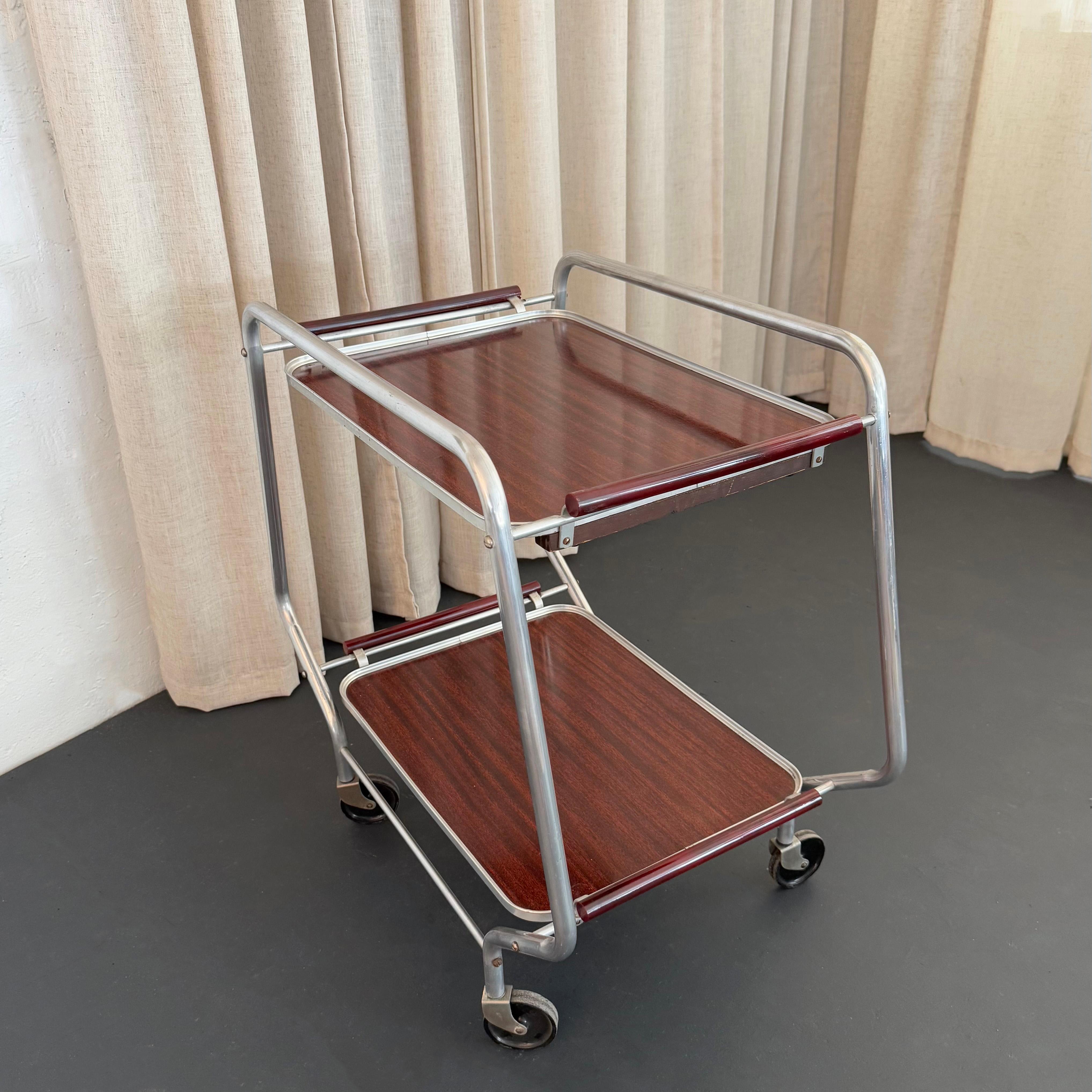 20th Century Art Deco Aluminum Bar Cart Trolley With Bakelite Tray Handles For Sale