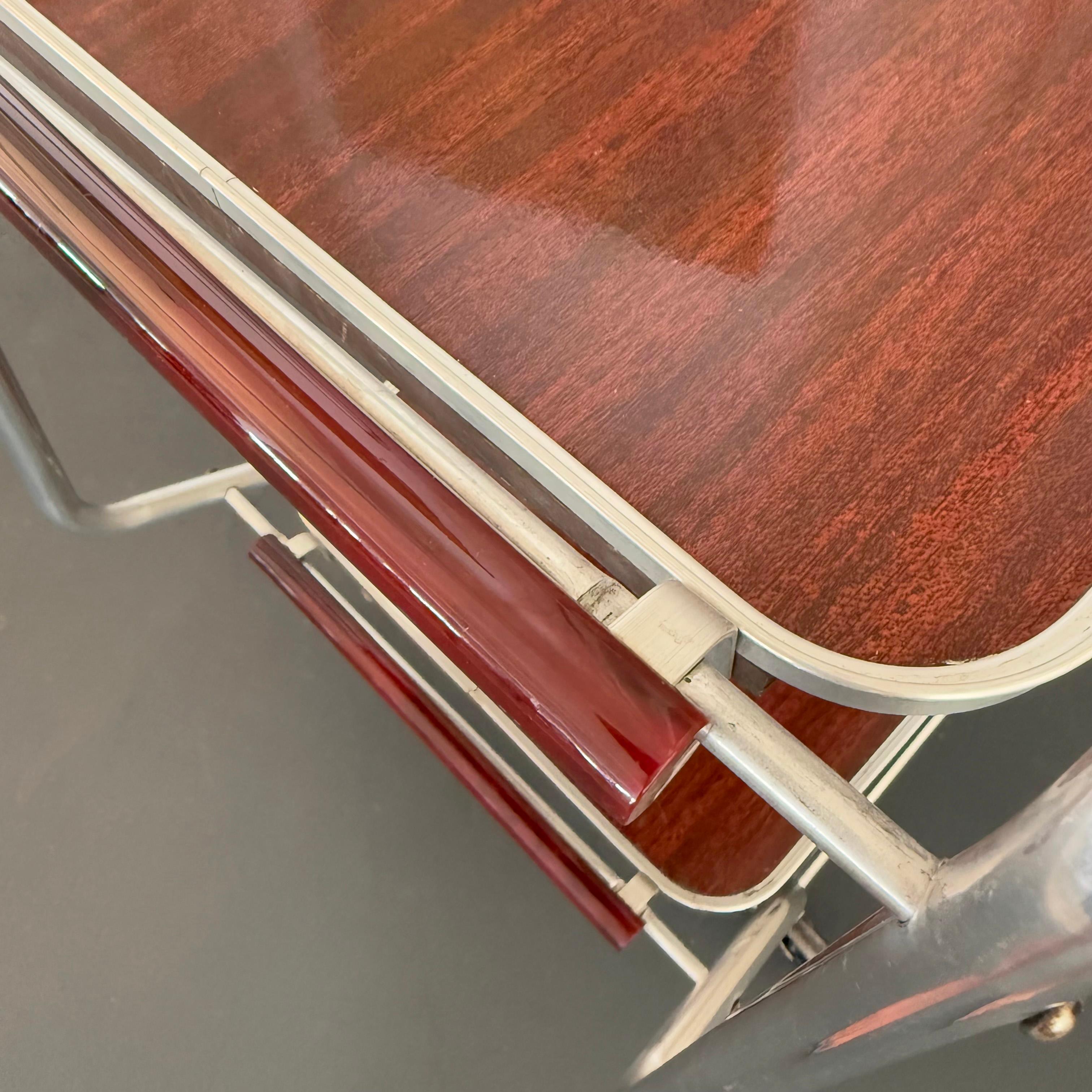 Art Deco Aluminum Bar Cart Trolley With Bakelite Tray Handles For Sale 1