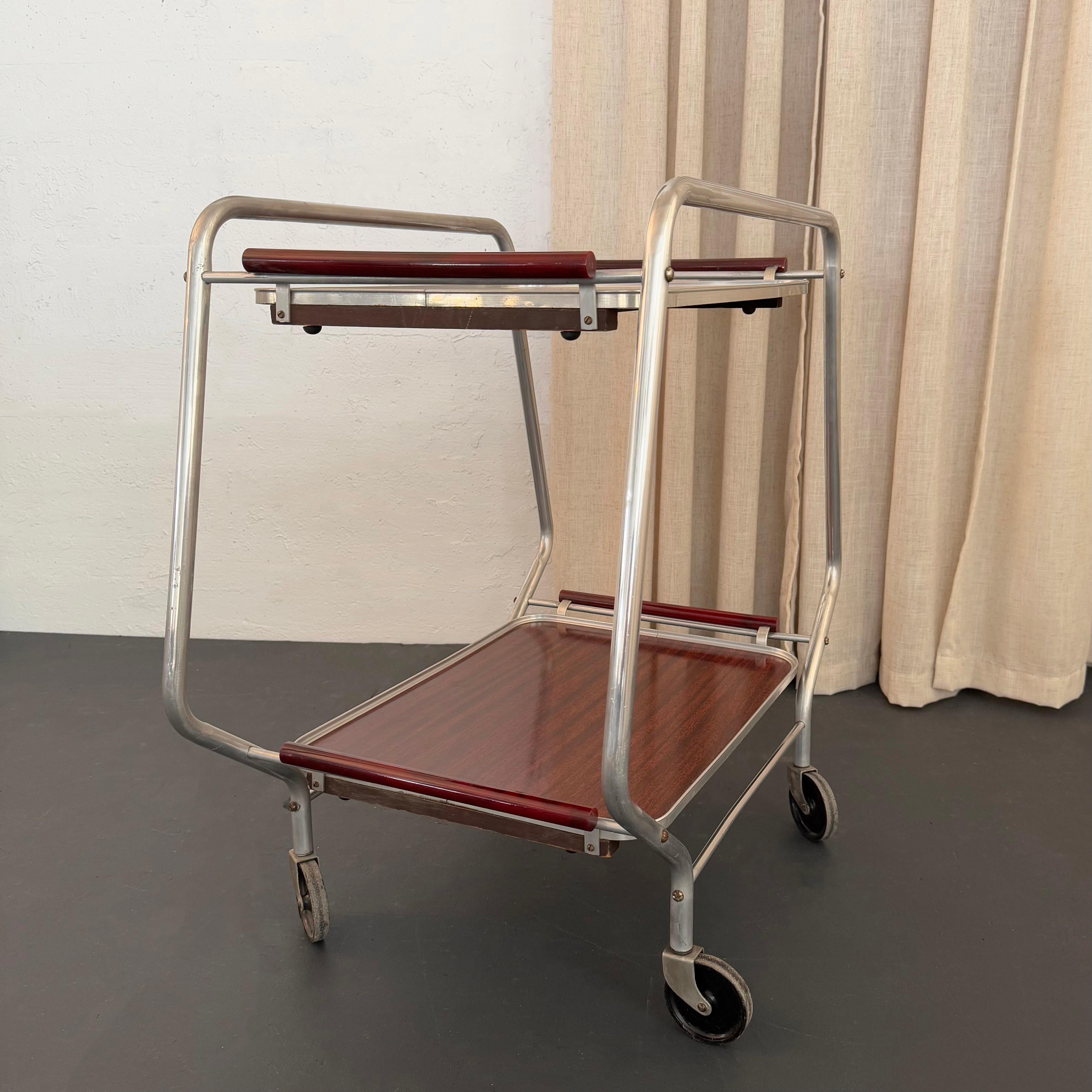 Art Deco Aluminum Bar Cart Trolley With Bakelite Tray Handles For Sale 2