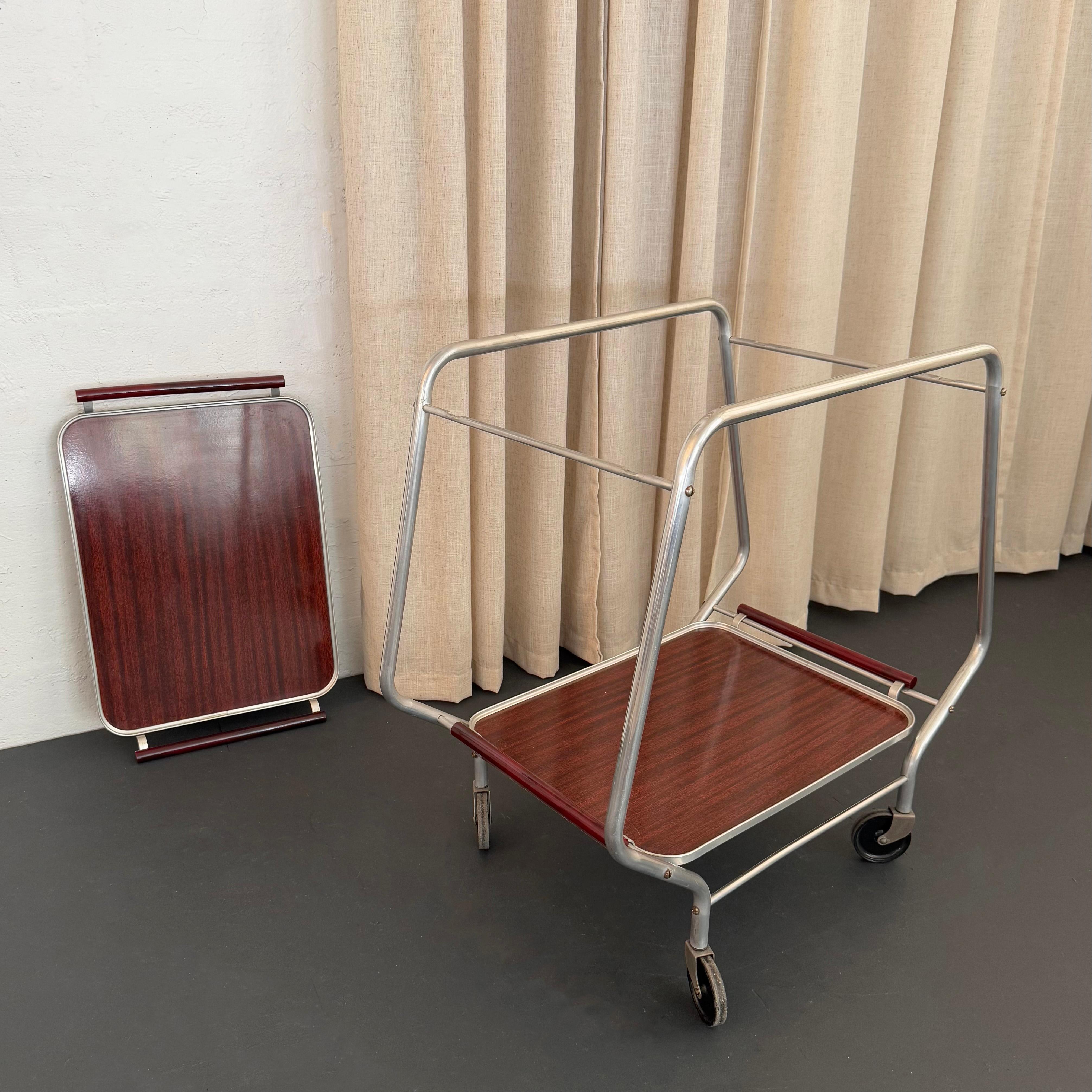 Art Deco Aluminum Bar Cart Trolley With Bakelite Tray Handles For Sale 3