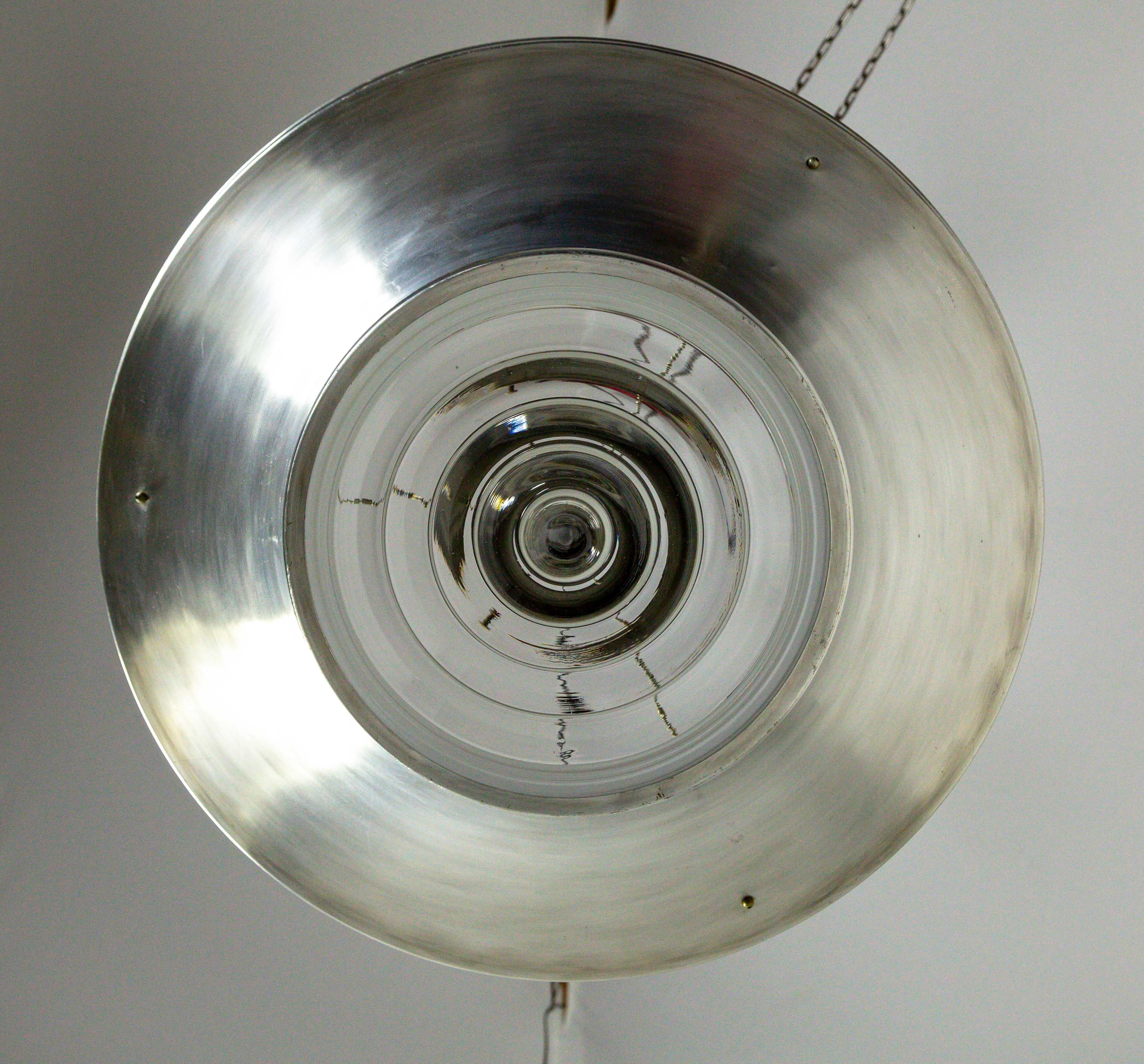 Mid-20th Century Art Deco Aluminum Dish Pendants with Unique Glass Diffusers For Sale