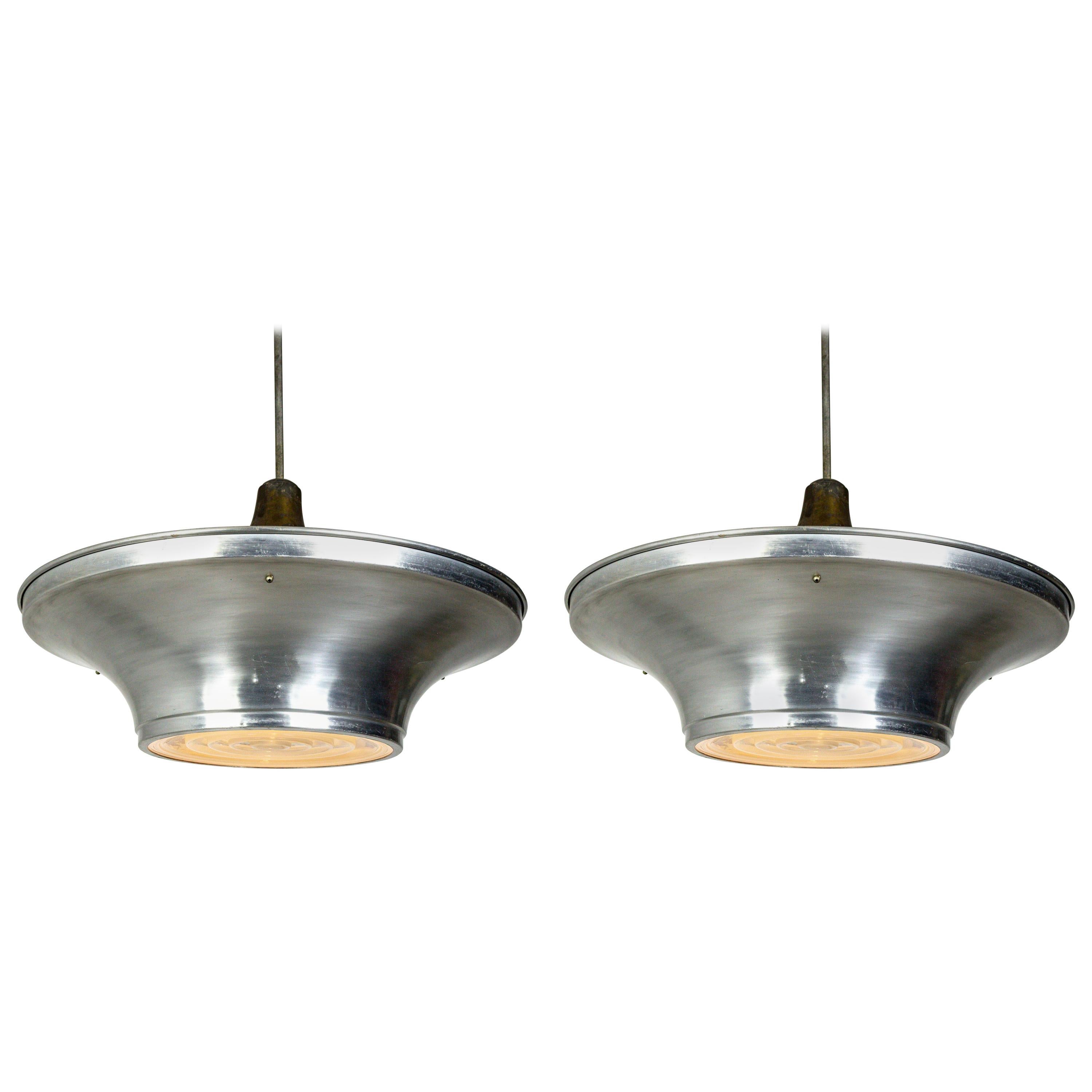 Art Deco Aluminum Dish Pendants with Unique Glass Diffusers For Sale