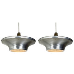 Vintage Art Deco Aluminum Dish Pendants with Unique Glass Diffusers