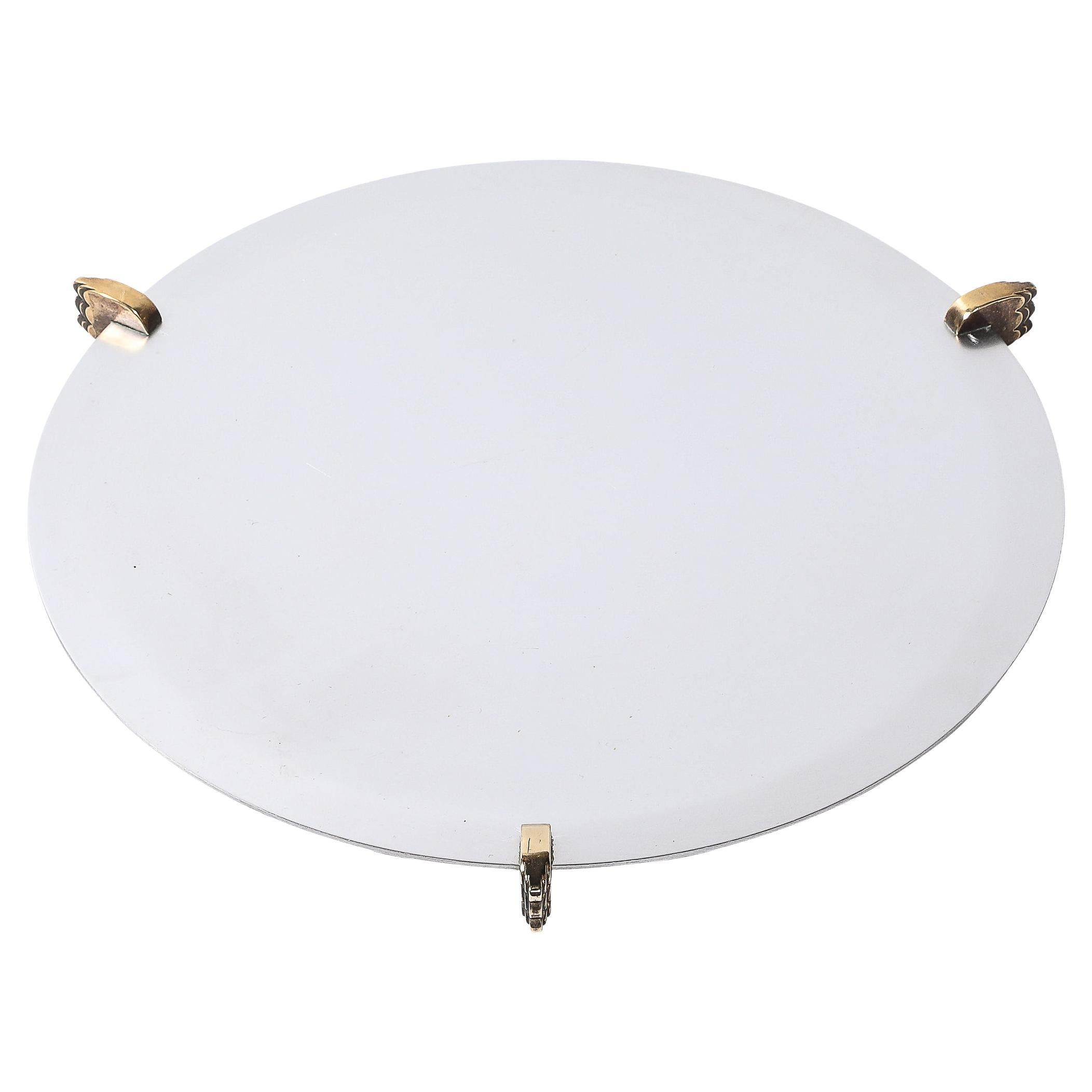 Art Deco Aluminum Serving Tray with Sculptural Brass Supports For Sale