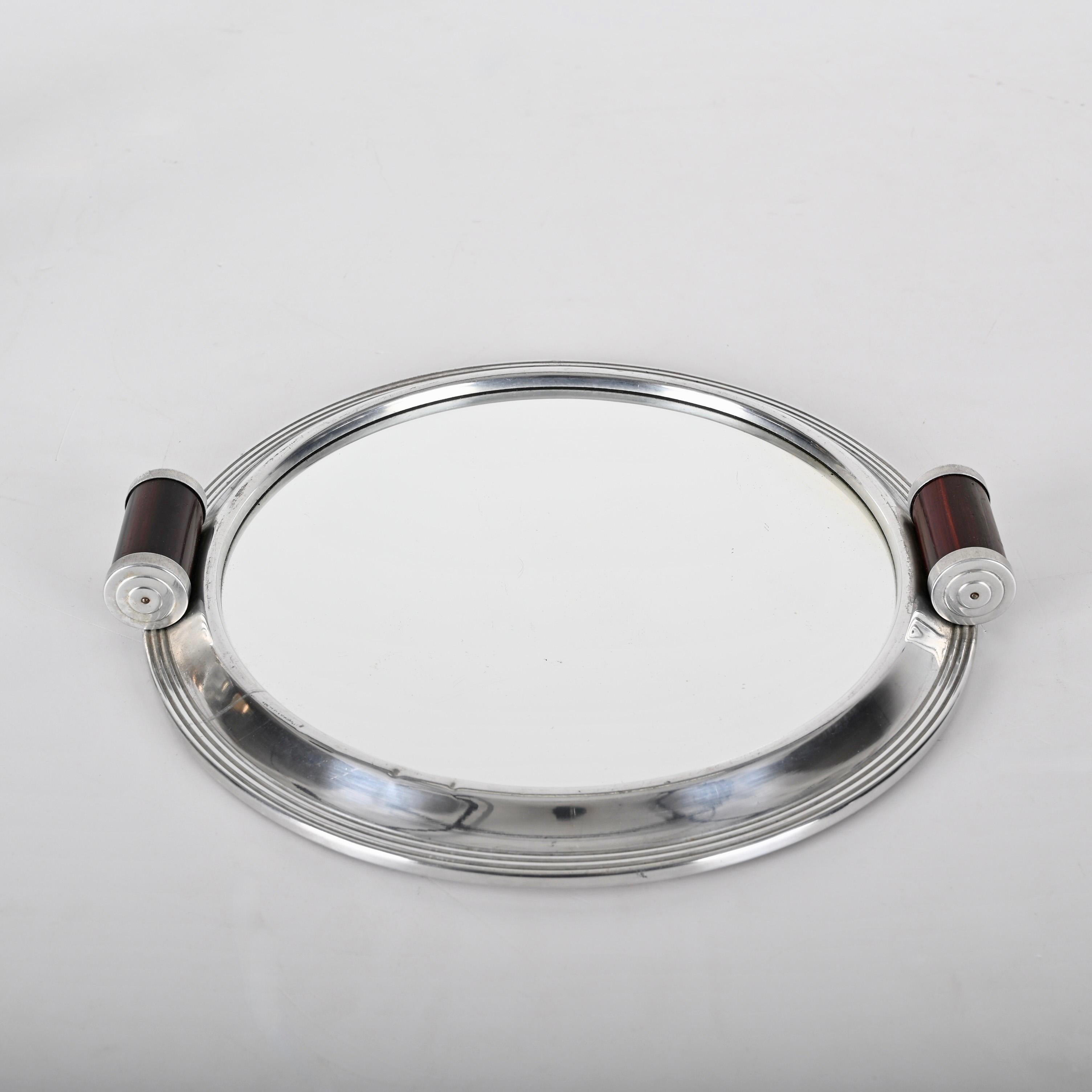 Art Deco Aluminum Serving Tray with wood Handles, Italy 1930s For Sale 8