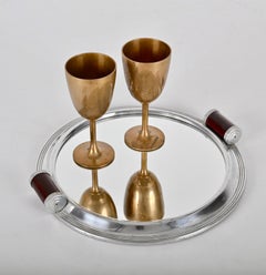 Bandeja para servir de aluminio Art Decó con asas de madera, Italia Años 30