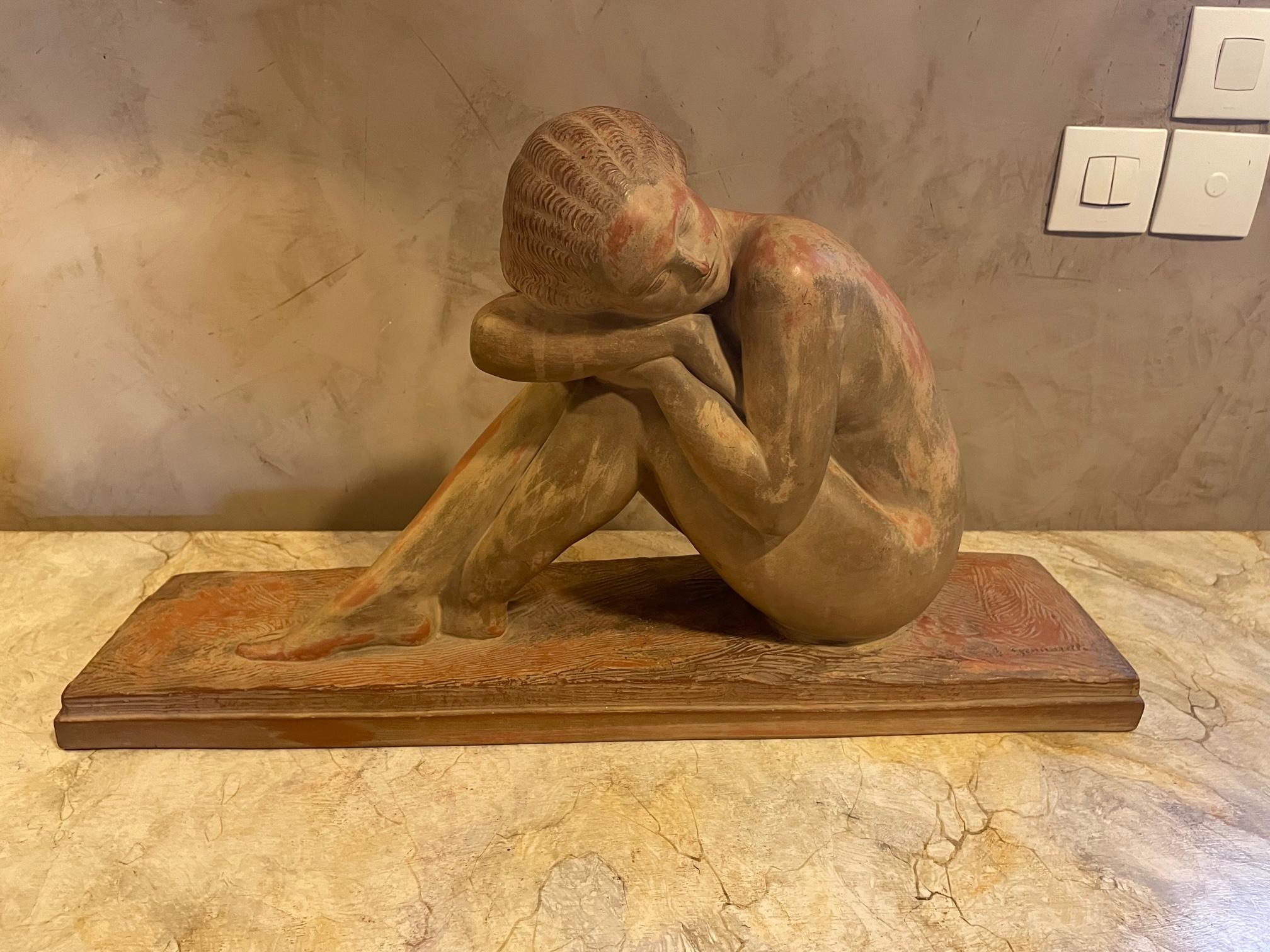 Beautiful Art Deco Terracotta Women statue made by Amadeo Gennarelli. 
Signed on the base. This statue is representing a melancholic and gentle young lady. 
Amedeo Gennarelli is a student of Francesco Jerace. In 1909, he emigrated to France where