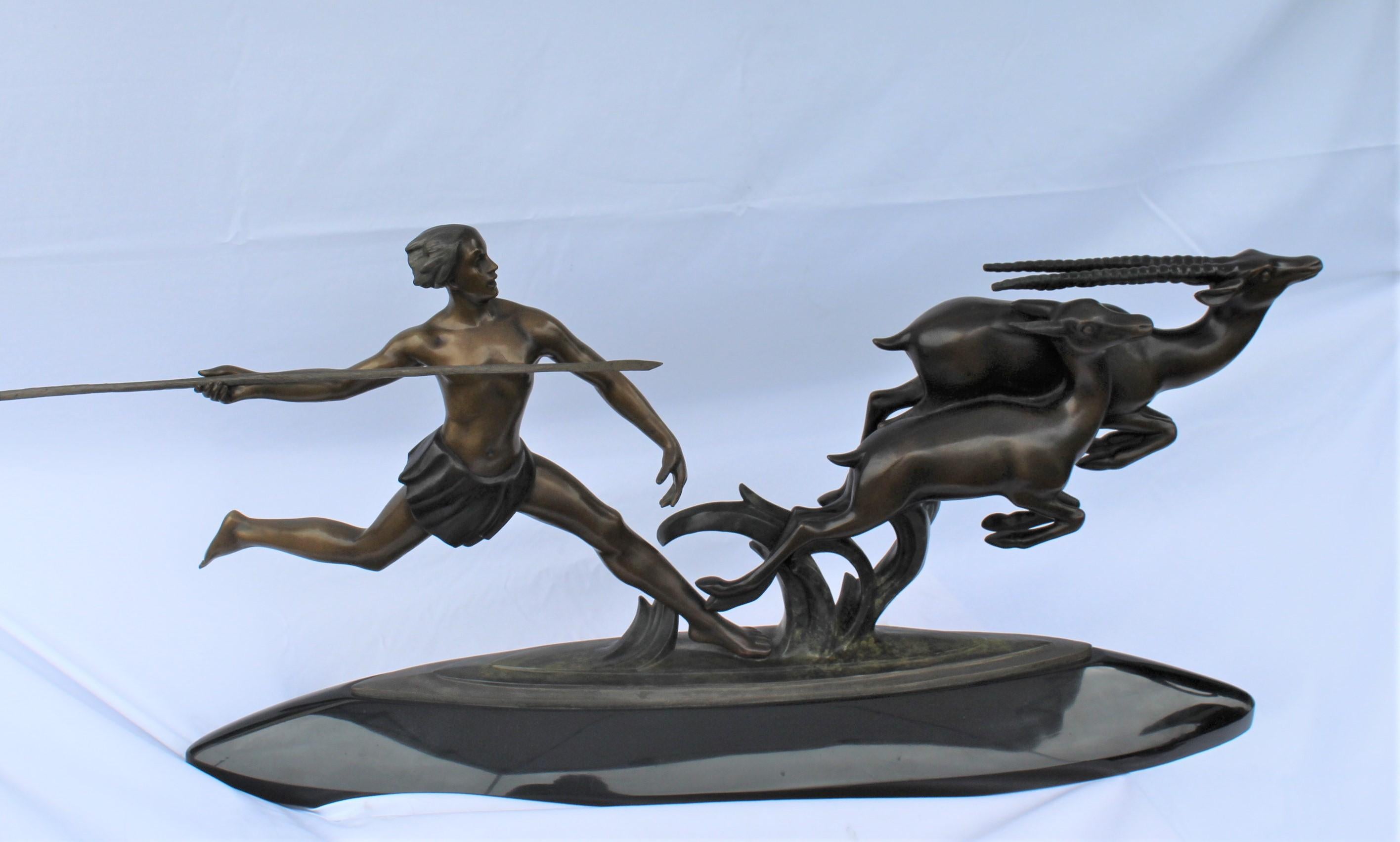 North American Art Deco, Bronze , (Amazon Hunter) , Large, , Black Marble, After Ketley heavy For Sale