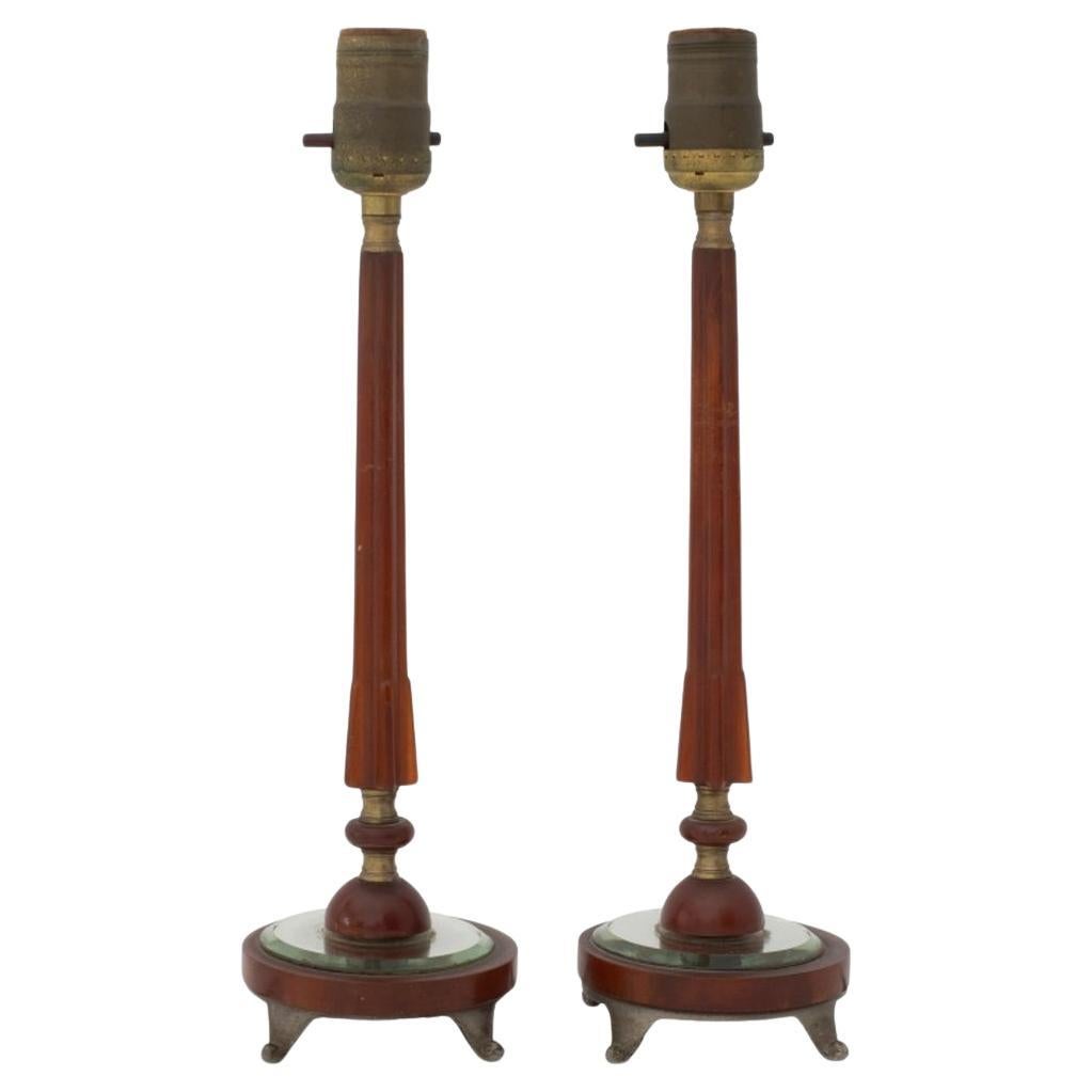 Art Deco Amber Bakelite & Glass Table Lamps, Pair