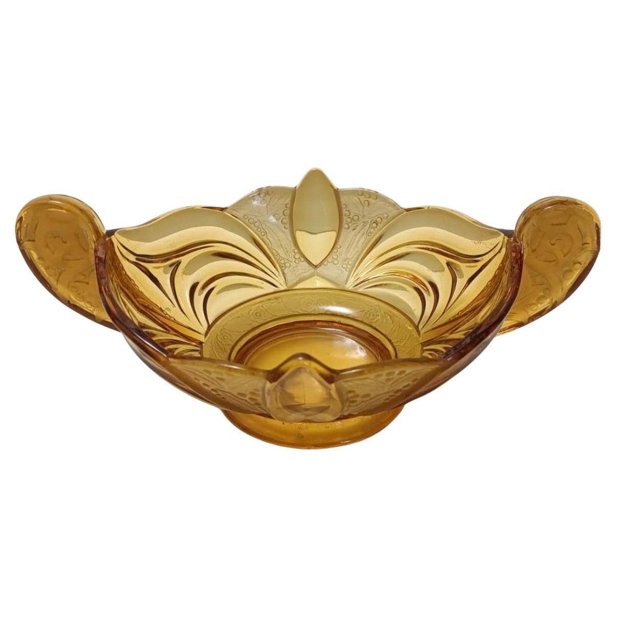 Bol ou centre de table Art Déco en verre soufflé ambré de Brockwitz, Allemagne