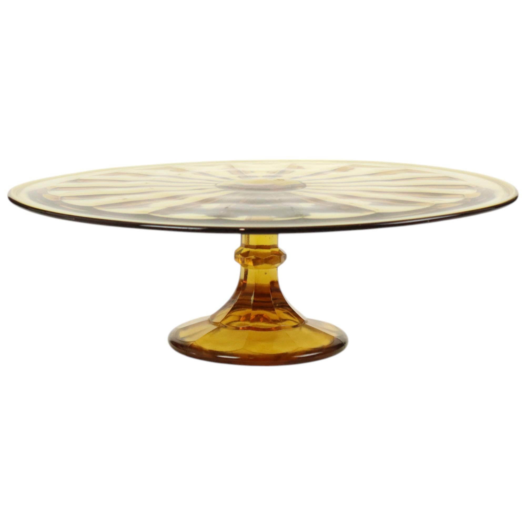 Art Deco Bernstein Kuchen Schale Rosaline Depression Glas Verrerie Scailmont (Belgisch) im Angebot