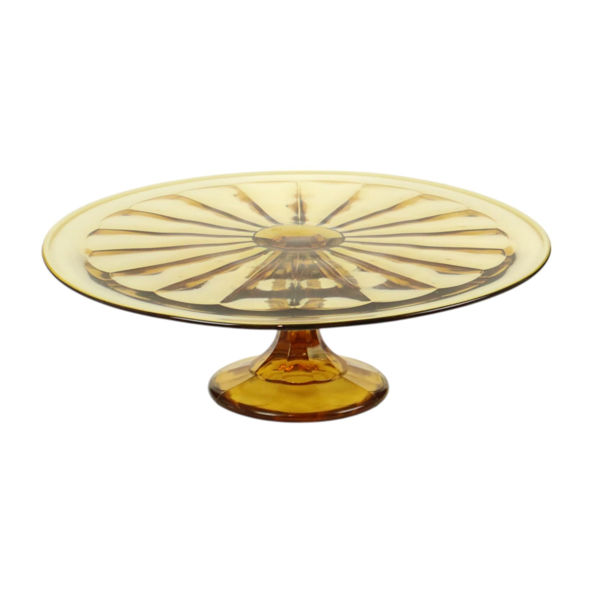 Art Deco Bernstein Kuchen Schale Rosaline Depression Glas Verrerie Scailmont (Gepresst) im Angebot