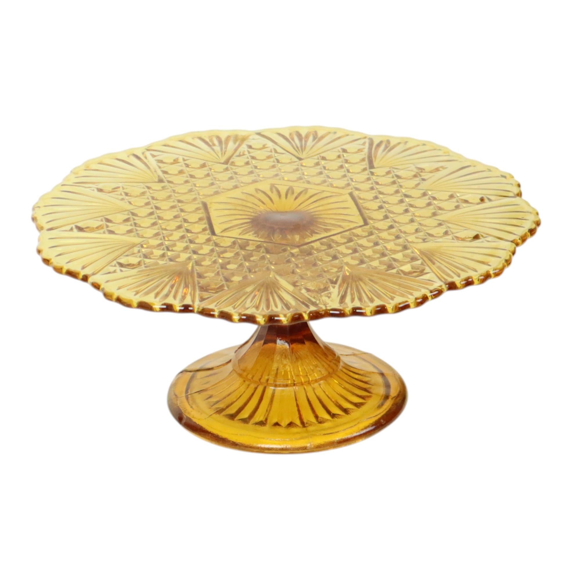 20th Century Art Deco Amber Cake Stand Depression Glass 31cm For Sale