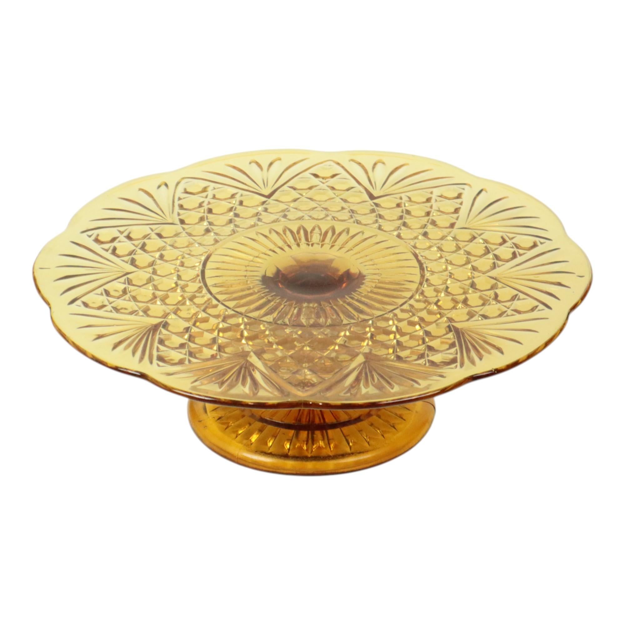Belgian Art Deco Amber Cake Stand Depression Glass 33cm For Sale