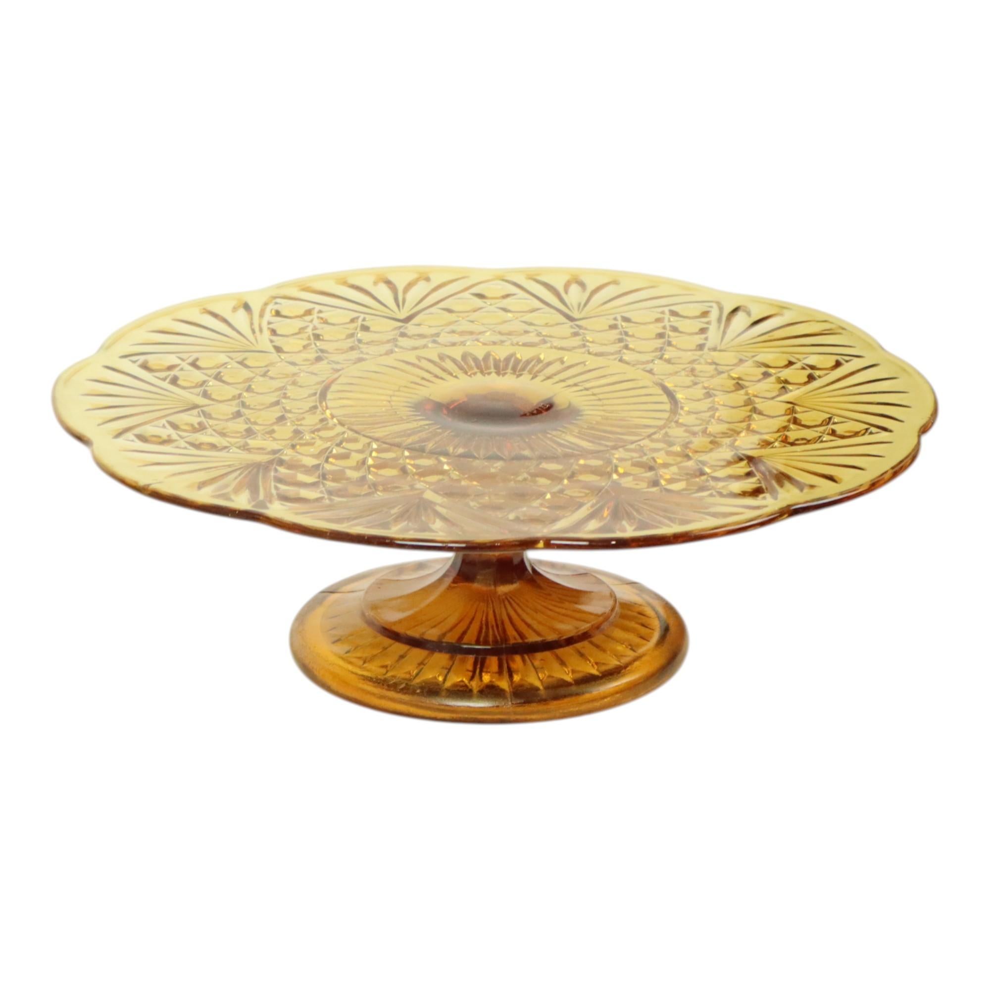 20th Century Art Deco Amber Cake Stand Depression Glass 33cm For Sale