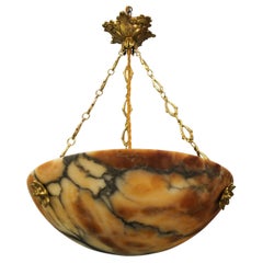 Used Art Deco Amber Color Alabaster and Bronze Pendant Light, France, circa 1920