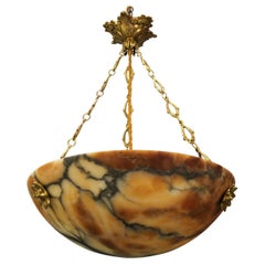 Antique Art Deco Amber Color Alabaster and Bronze Pendant Light, France, circa 1920