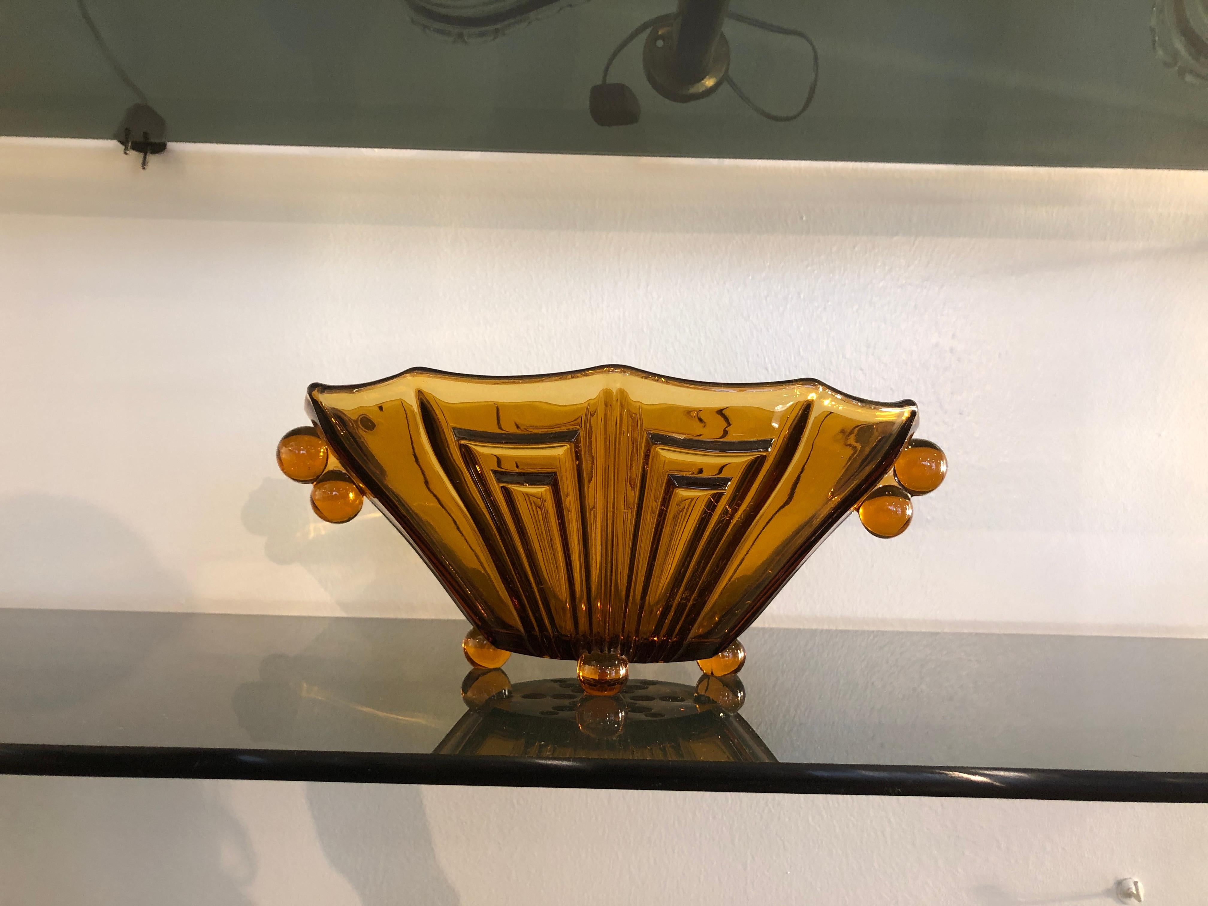 20th Century Art Deco Amber Color Thick Glass Decorative Vase Bowl or Centerpiece