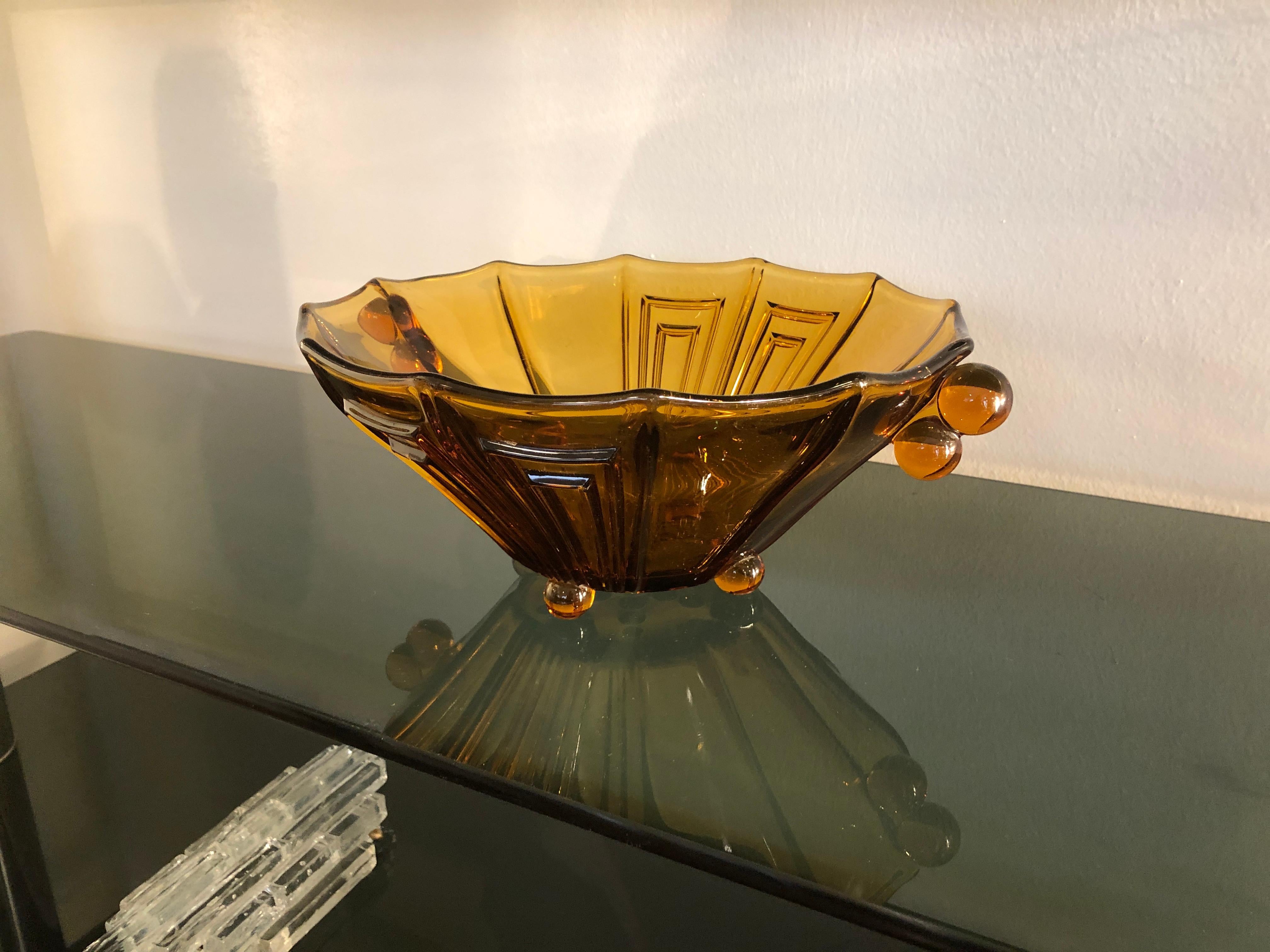 20th Century Art Deco Amber Color Thick Glass Decorative Vase Bowl or Centerpiece