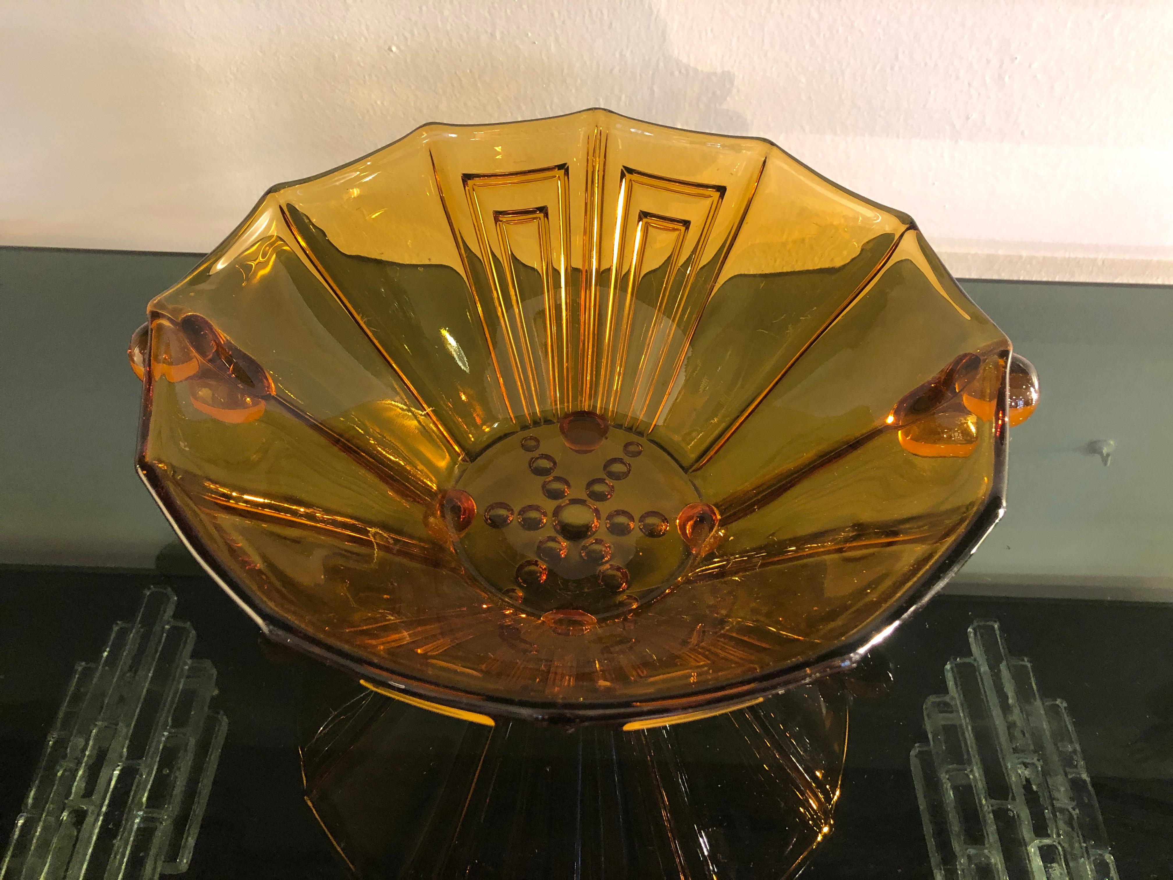Art Deco Amber Color Thick Glass Decorative Vase Bowl or Centerpiece 3
