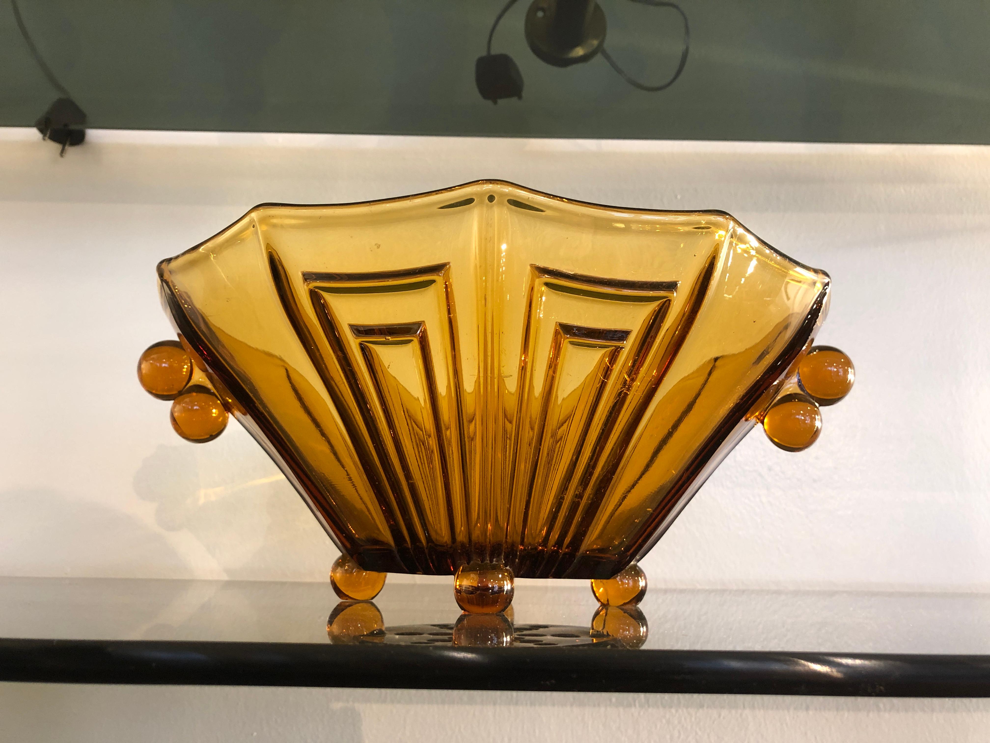 Art Deco Amber Color Thick Glass Decorative Vase Bowl or Centerpiece 4