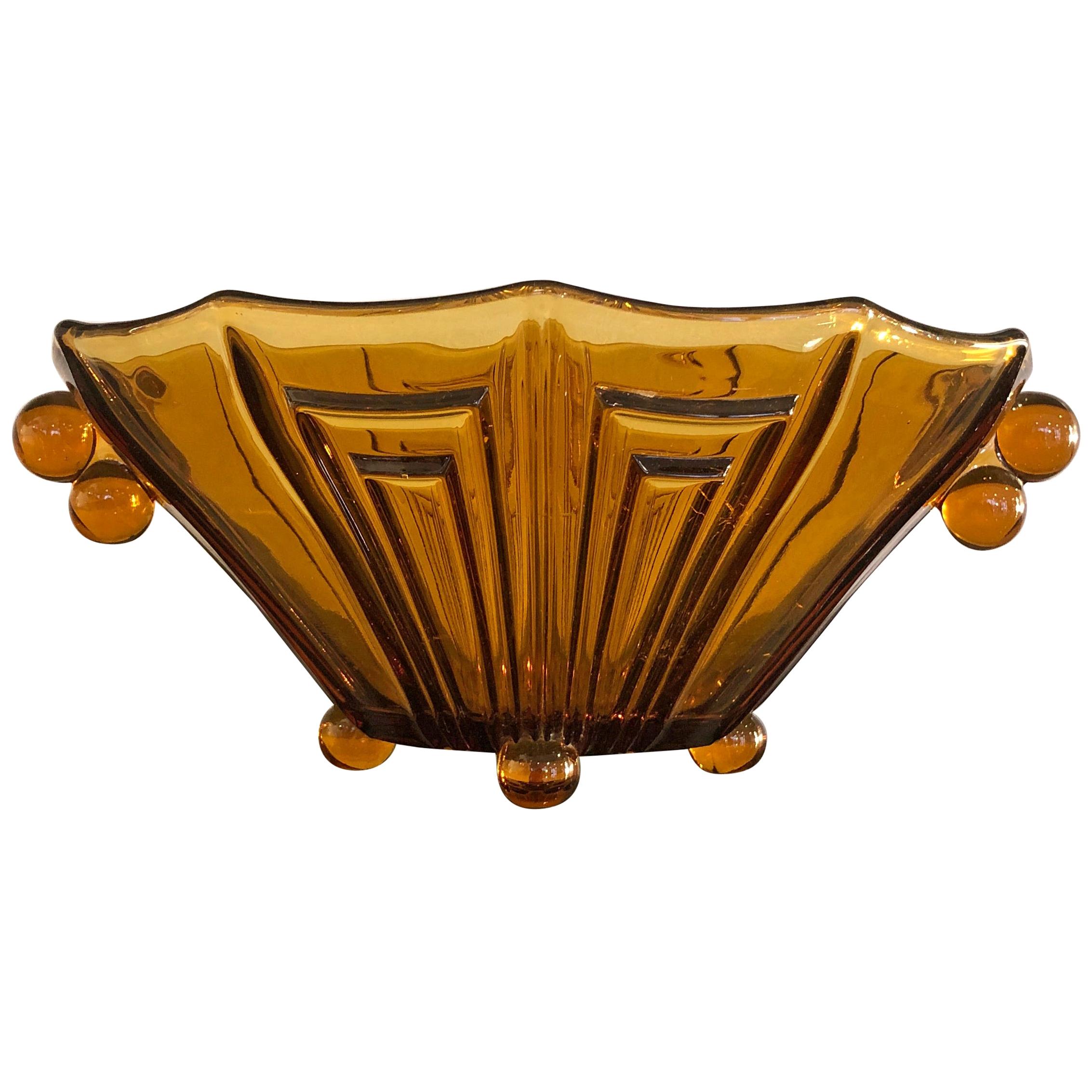 Art Deco Amber Color Thick Glass Decorative Vase Bowl or Centerpiece