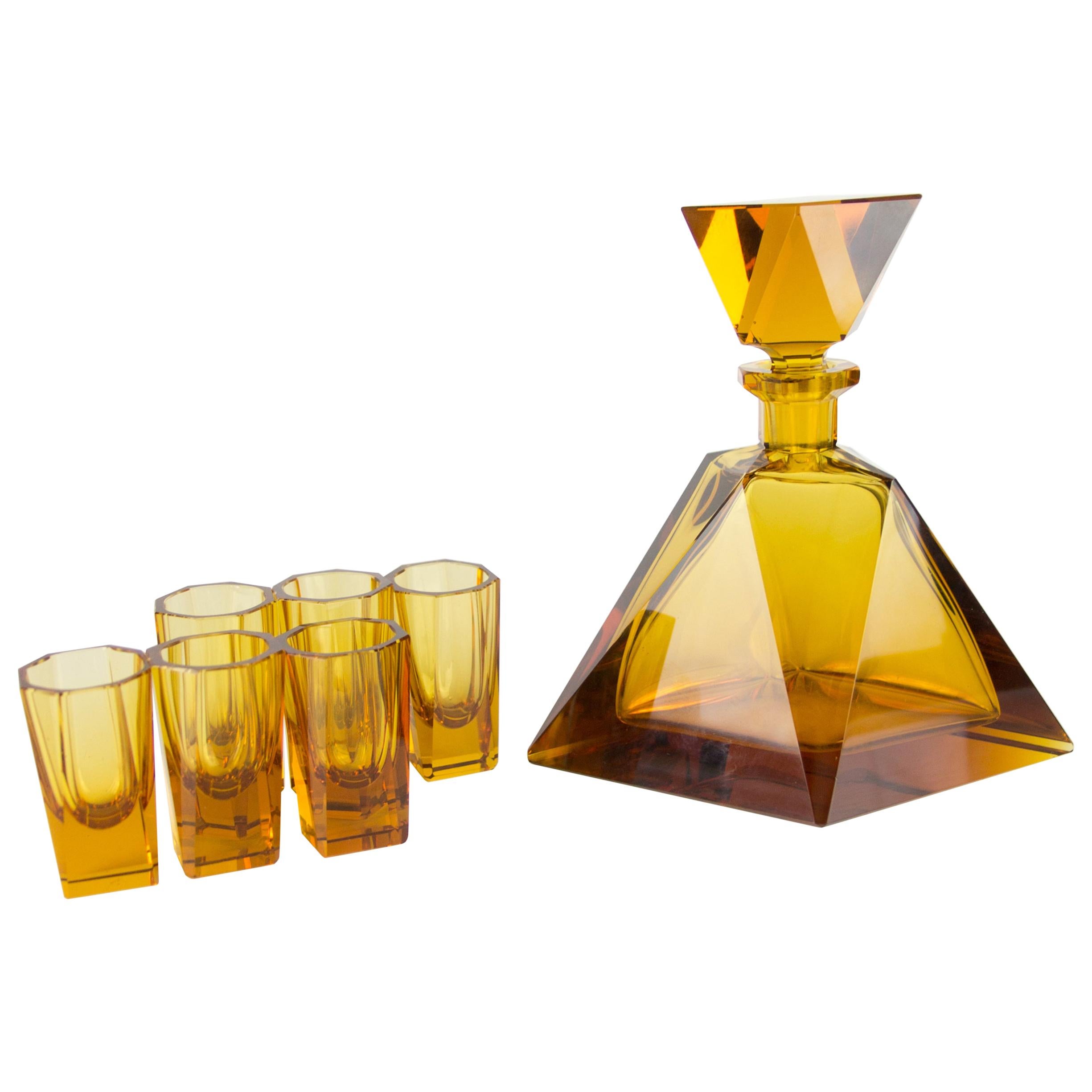 Art Deco Amber Colored Bohemian Glass Decanter and 6 Glasses Set, 1930s