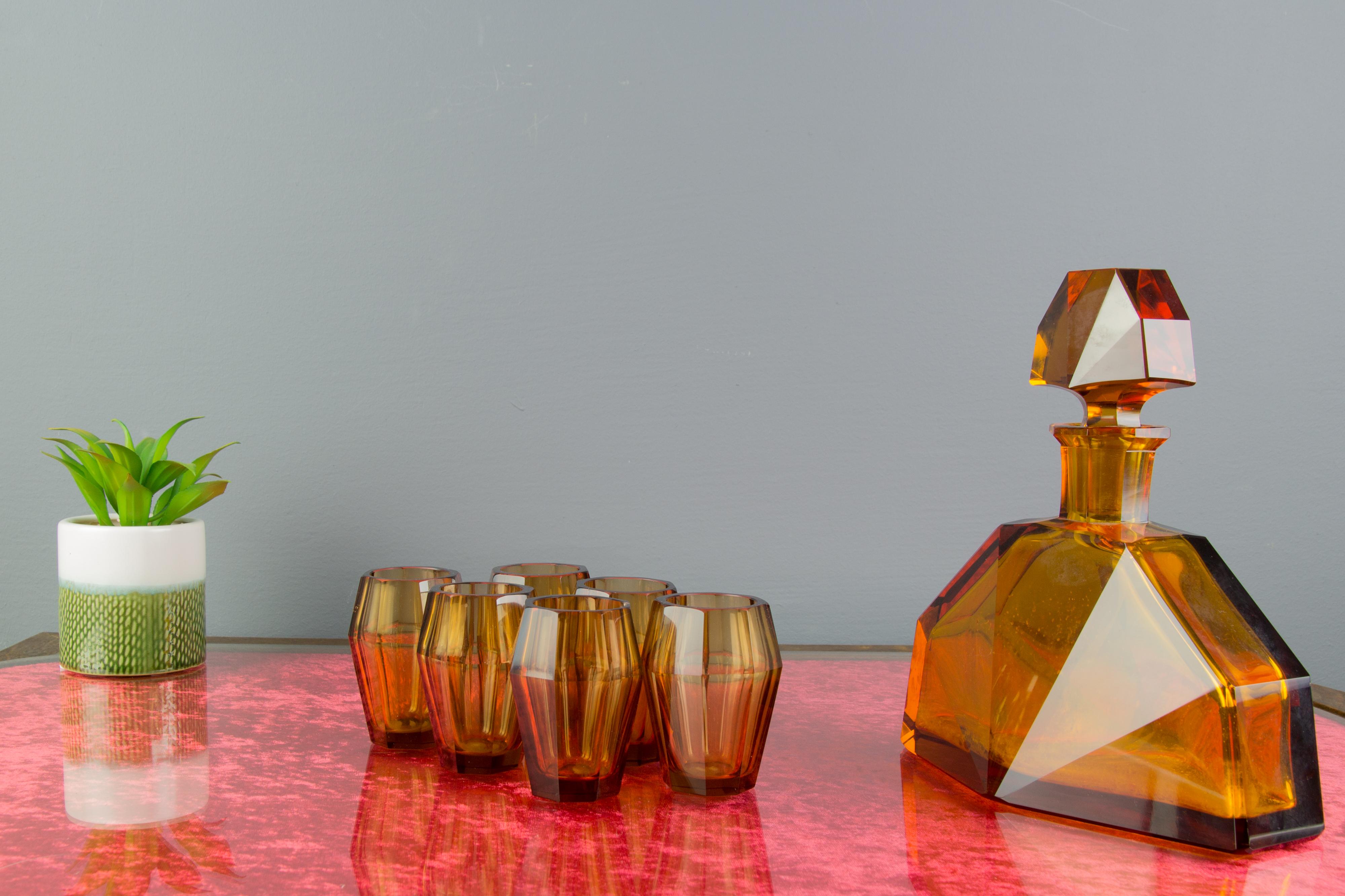 Art Deco Amber Colored Bohemian Glass Decanter and 6 Glasses Set, 1930s 2