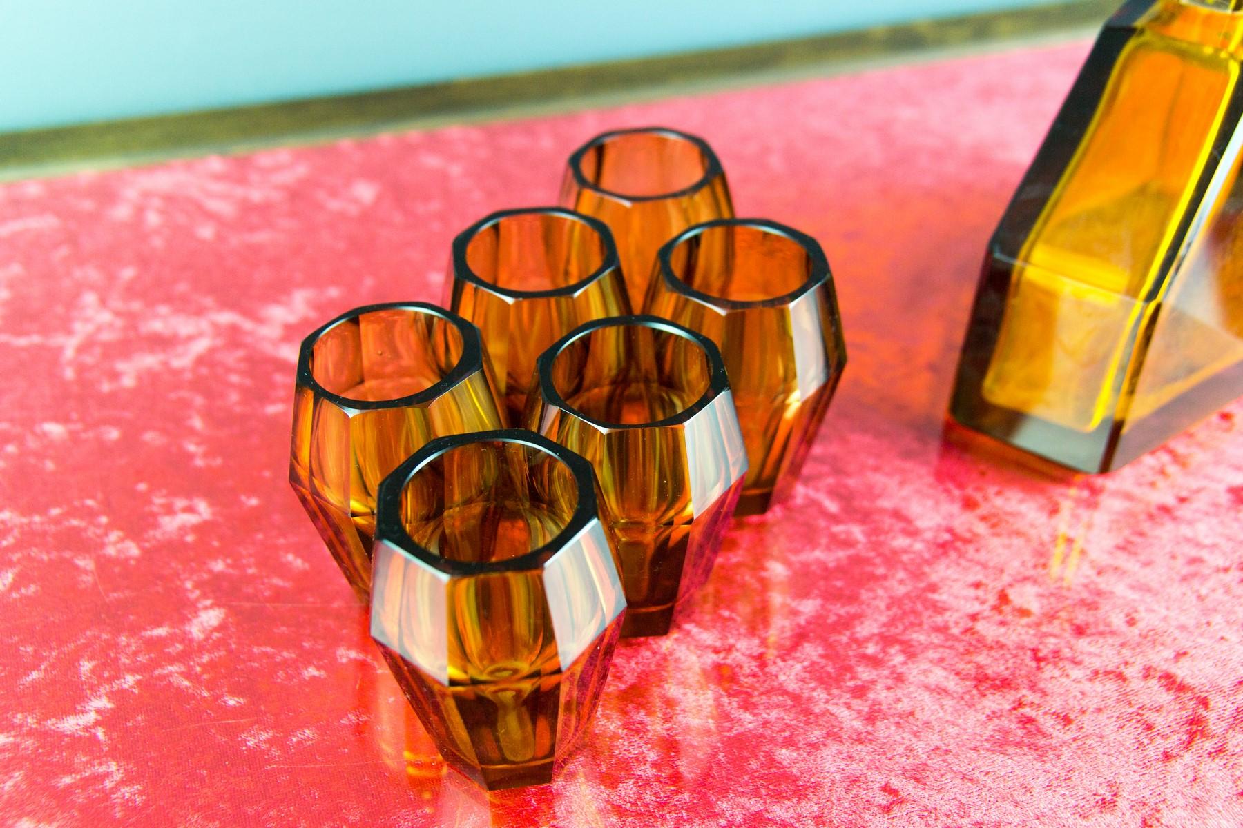 Art Deco Amber Colored Bohemian Glass Decanter and 6 Glasses Set, 1930s 5