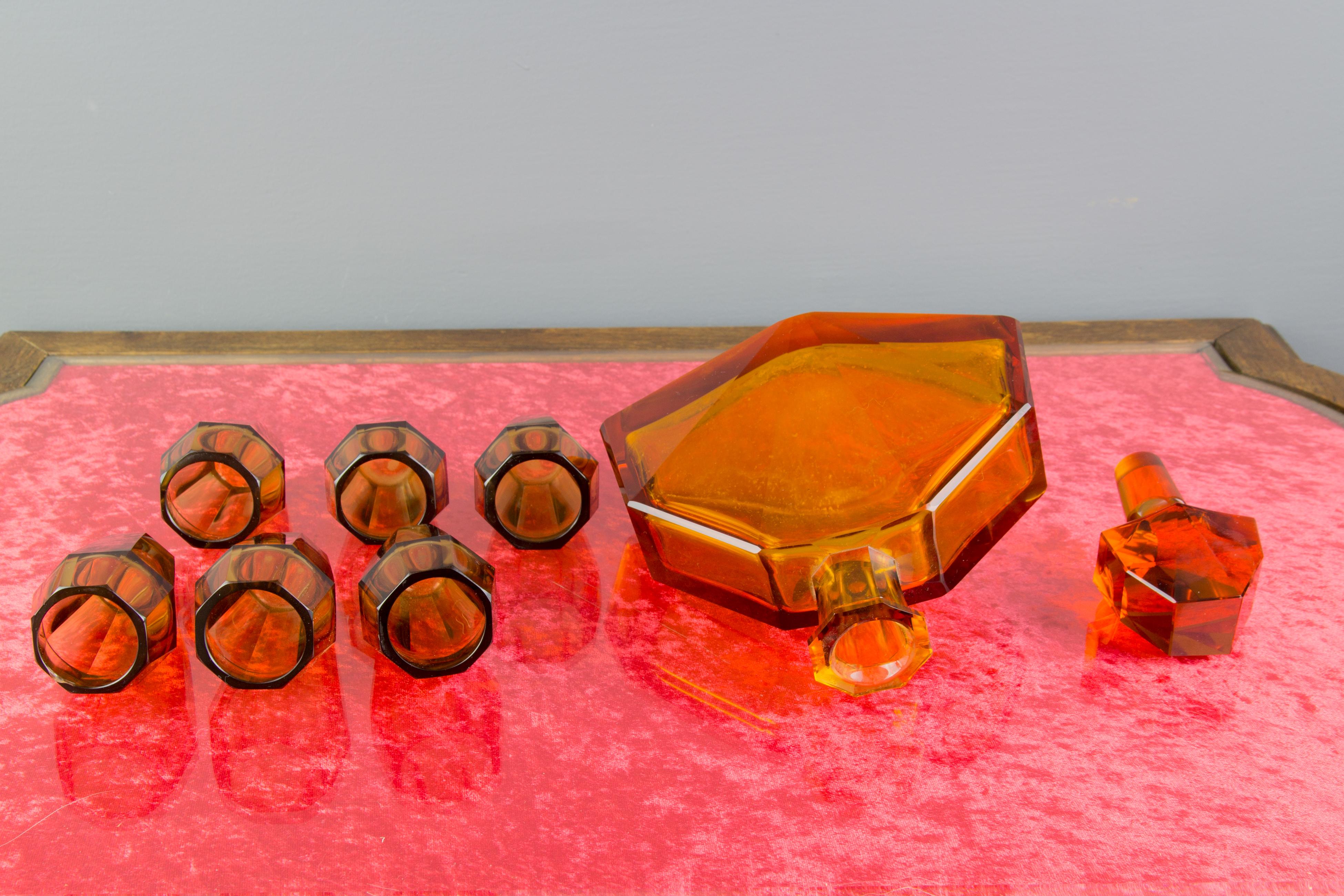 Art Deco Amber Colored Bohemian Glass Decanter and 6 Glasses Set, 1930s 7