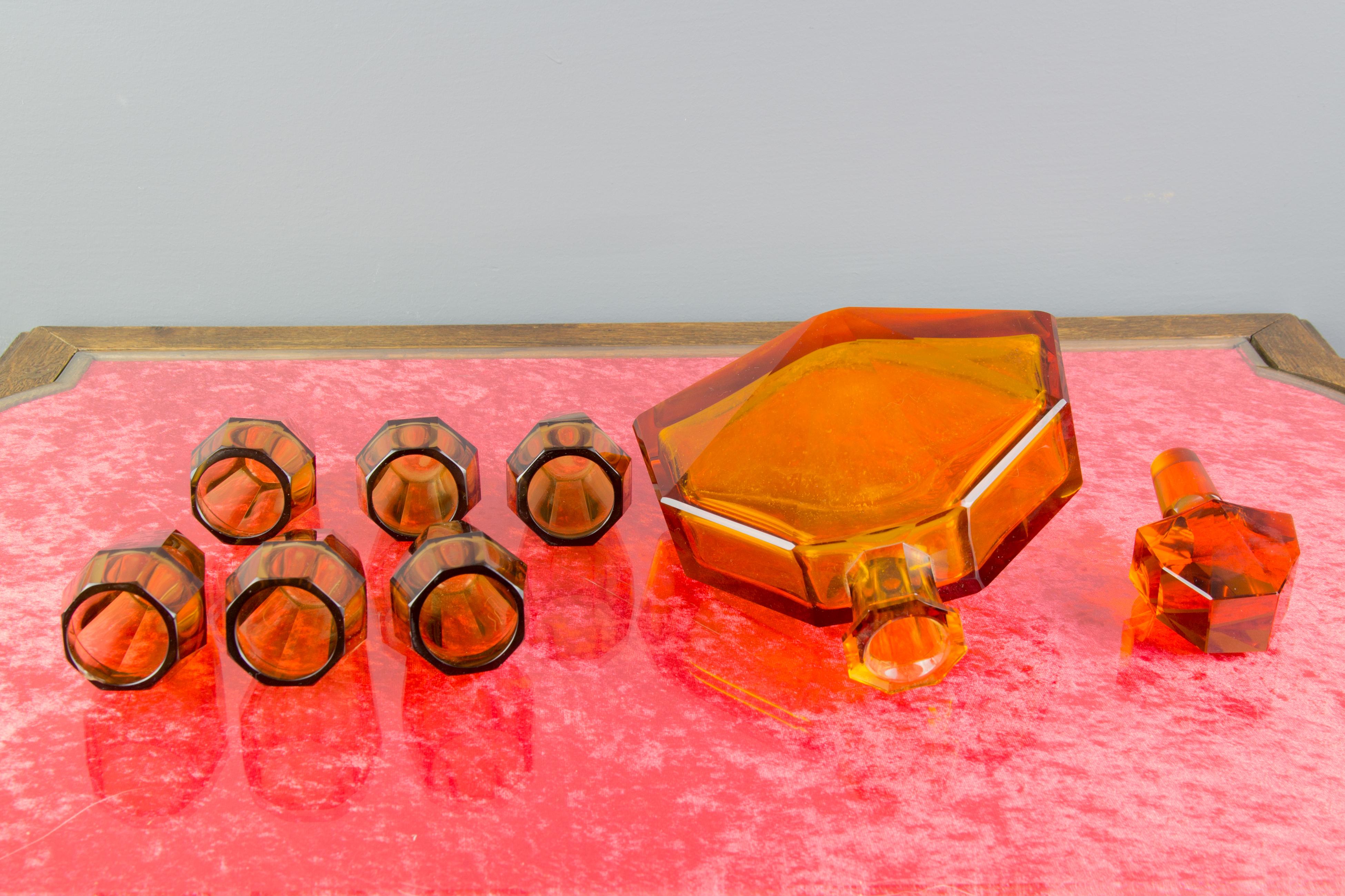 Art Deco Amber Colored Bohemian Glass Decanter and 6 Glasses Set, 1930s 8