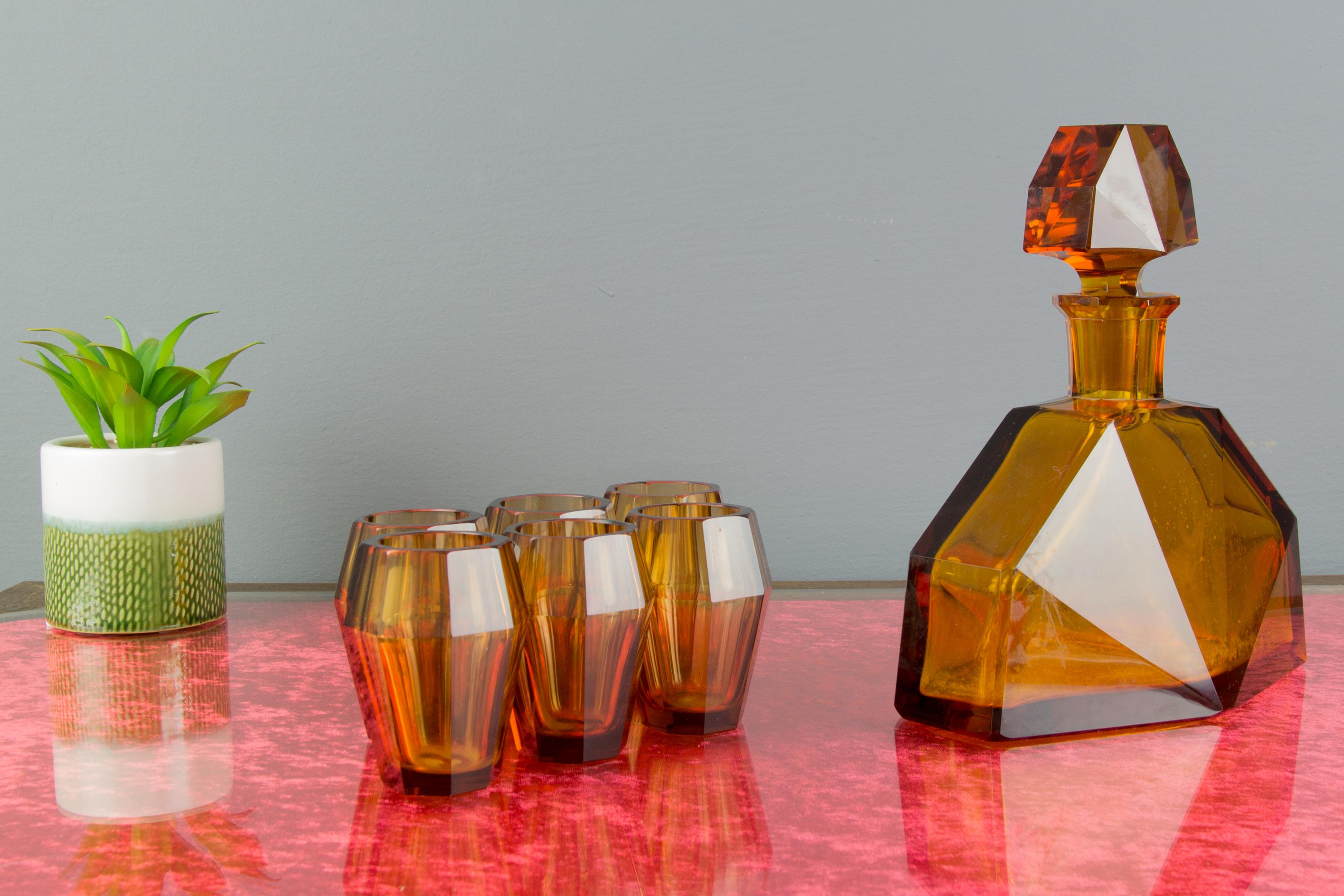 Art Deco Amber Colored Bohemian Glass Decanter and 6 Glasses Set, 1930s 12