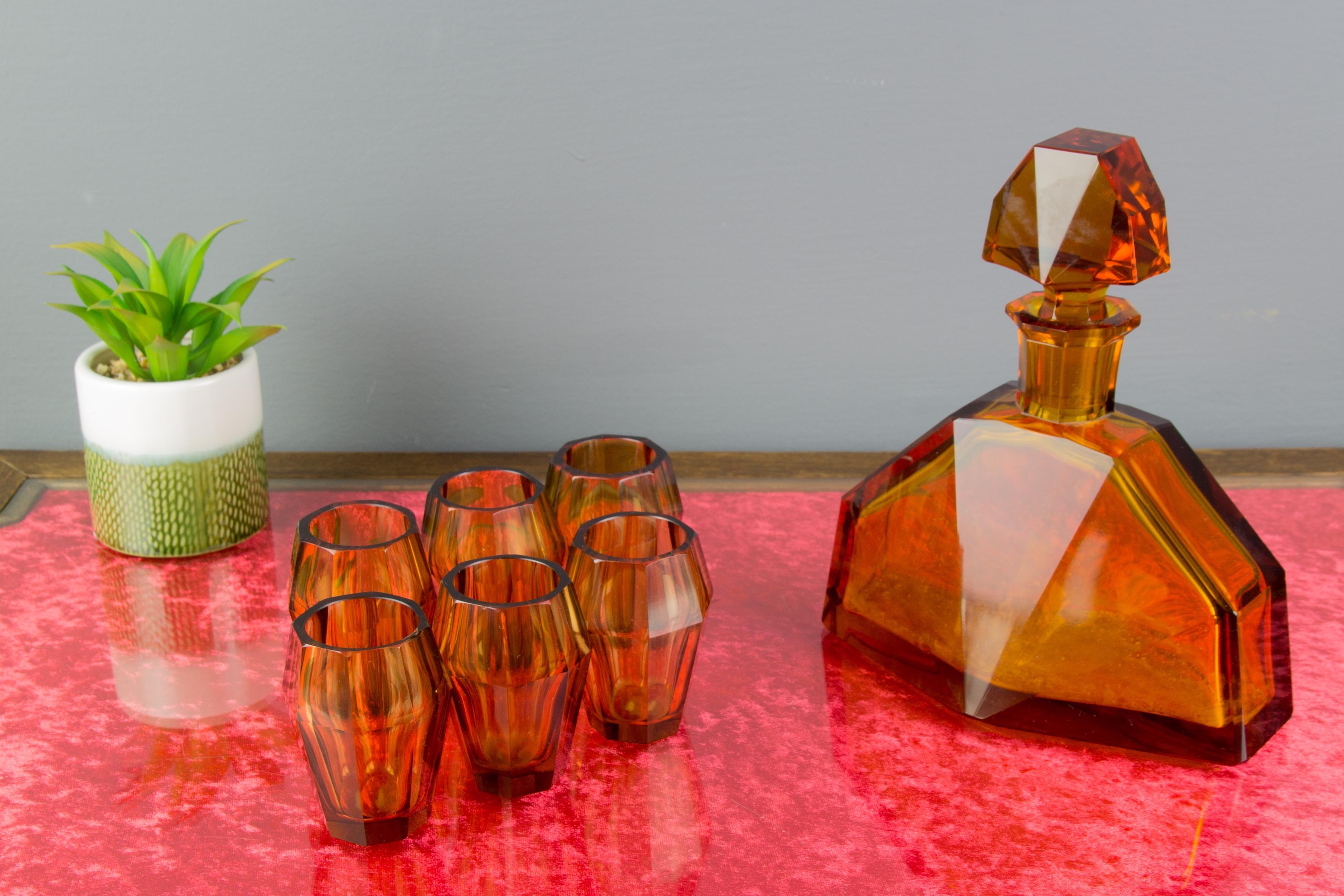 Czech Art Deco Amber Colored Bohemian Glass Decanter and 6 Glasses Set, 1930s