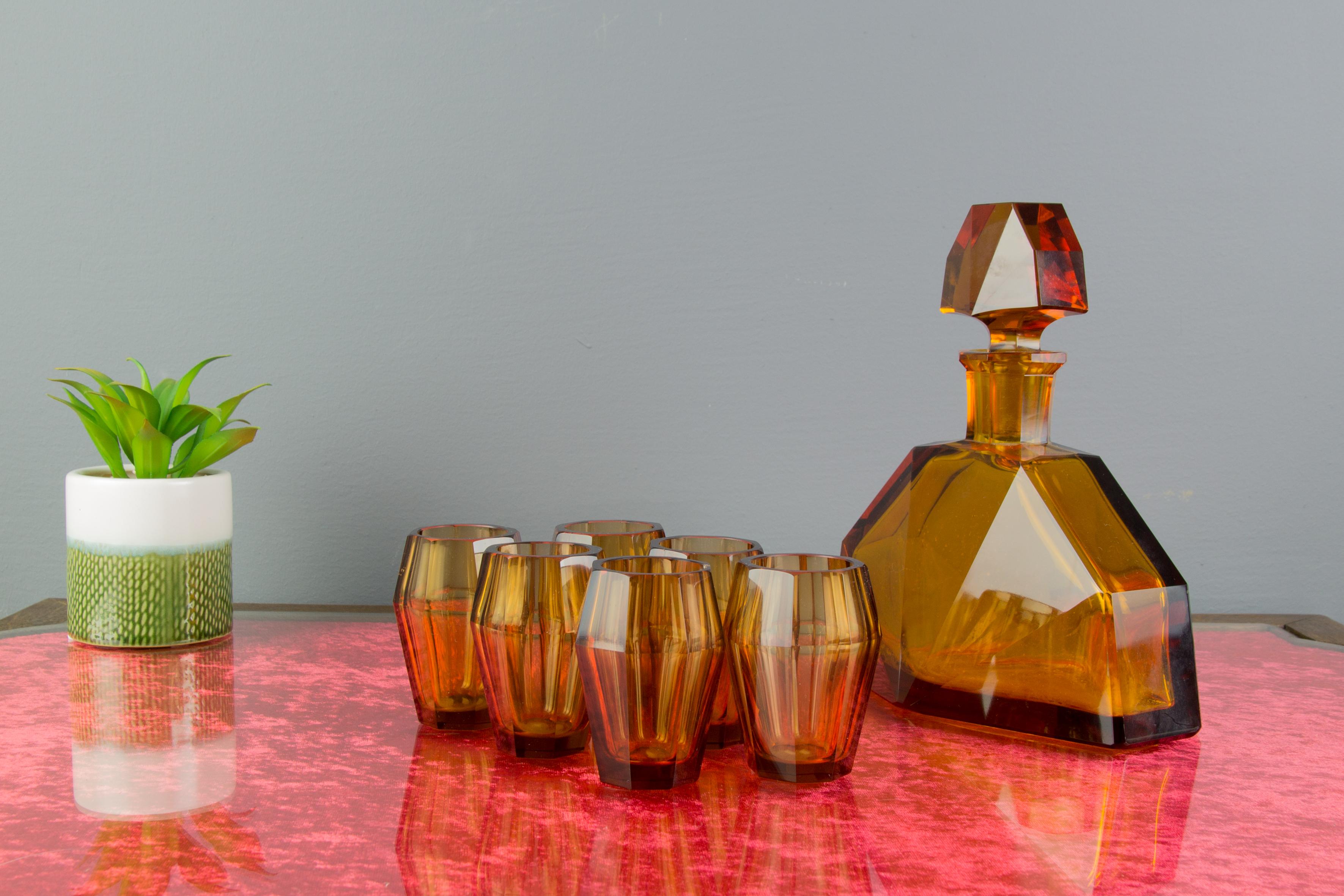 Art Deco Amber Colored Bohemian Glass Decanter and 6 Glasses Set, 1930s 1