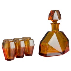 Vintage Art Deco Amber Colored Bohemian Glass Decanter and 6 Glasses Set, 1930s