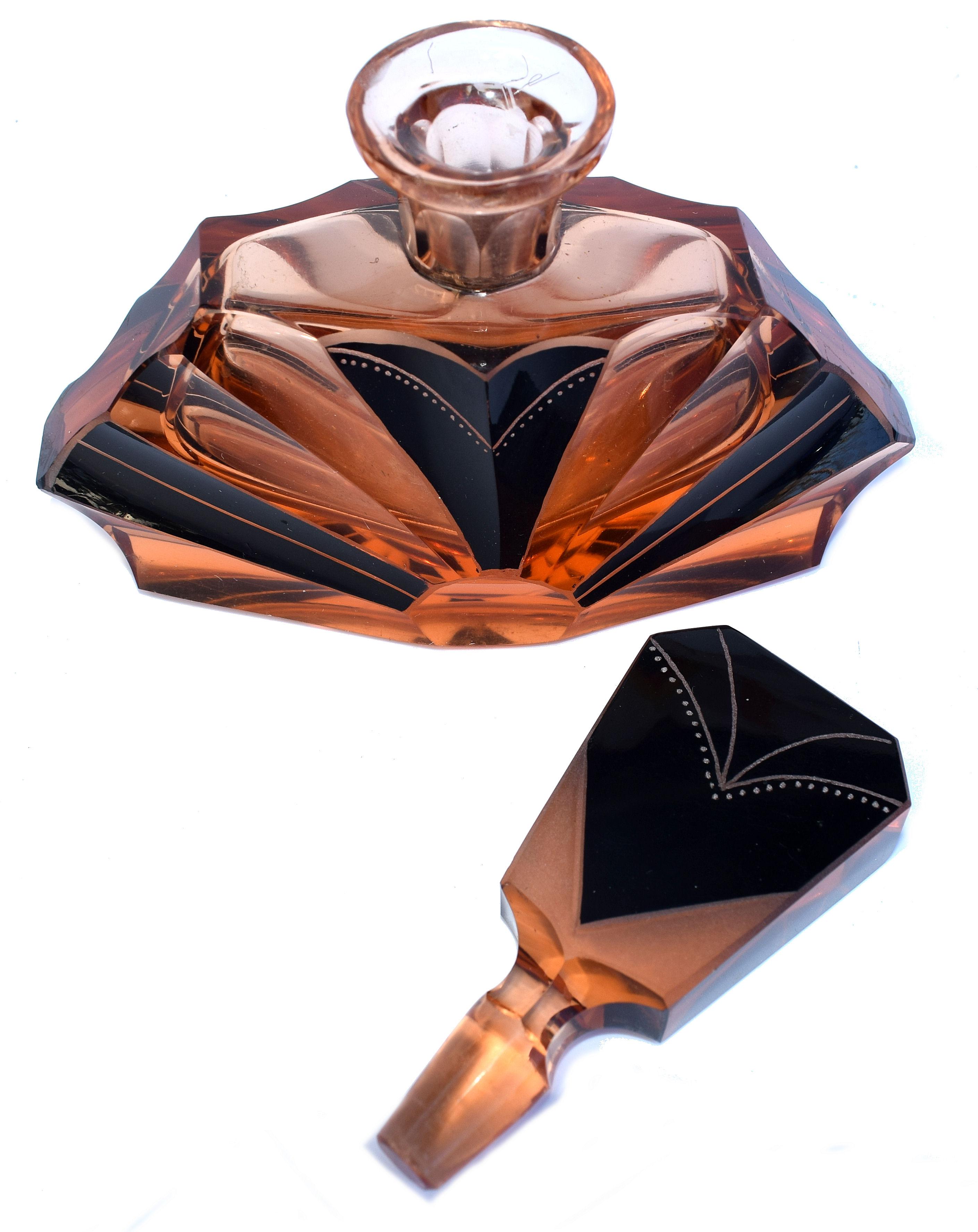 Czech Art Deco Amber Colored 1930s Glass Perfume Scent Bottle