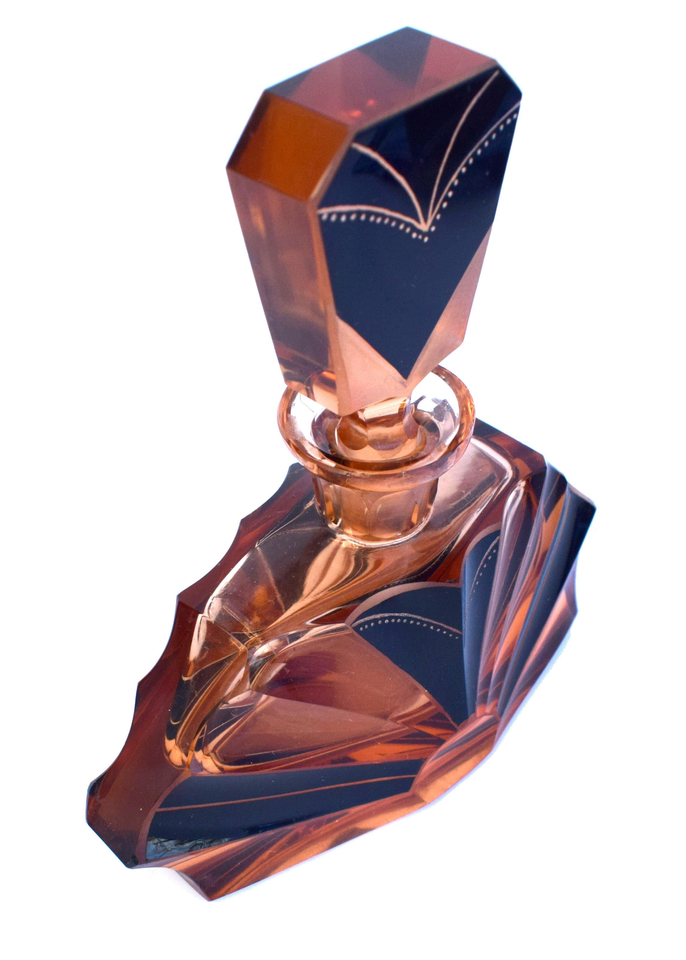 Enamel Art Deco Amber Colored 1930s Glass Perfume Scent Bottle