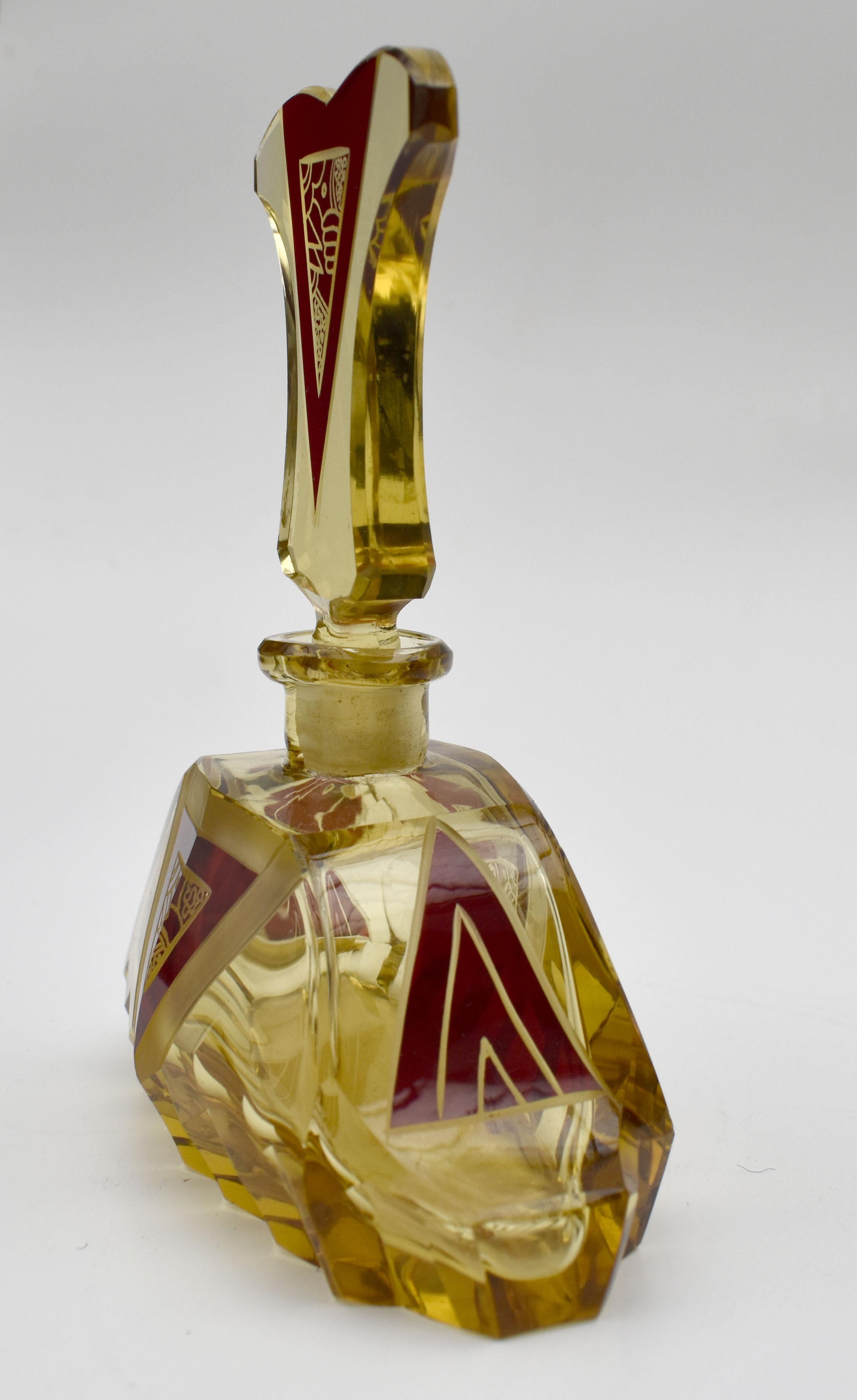 Czech Art Deco Amber Coloured Glass Perfume Bottle by Karl Palda, c1930s For Sale