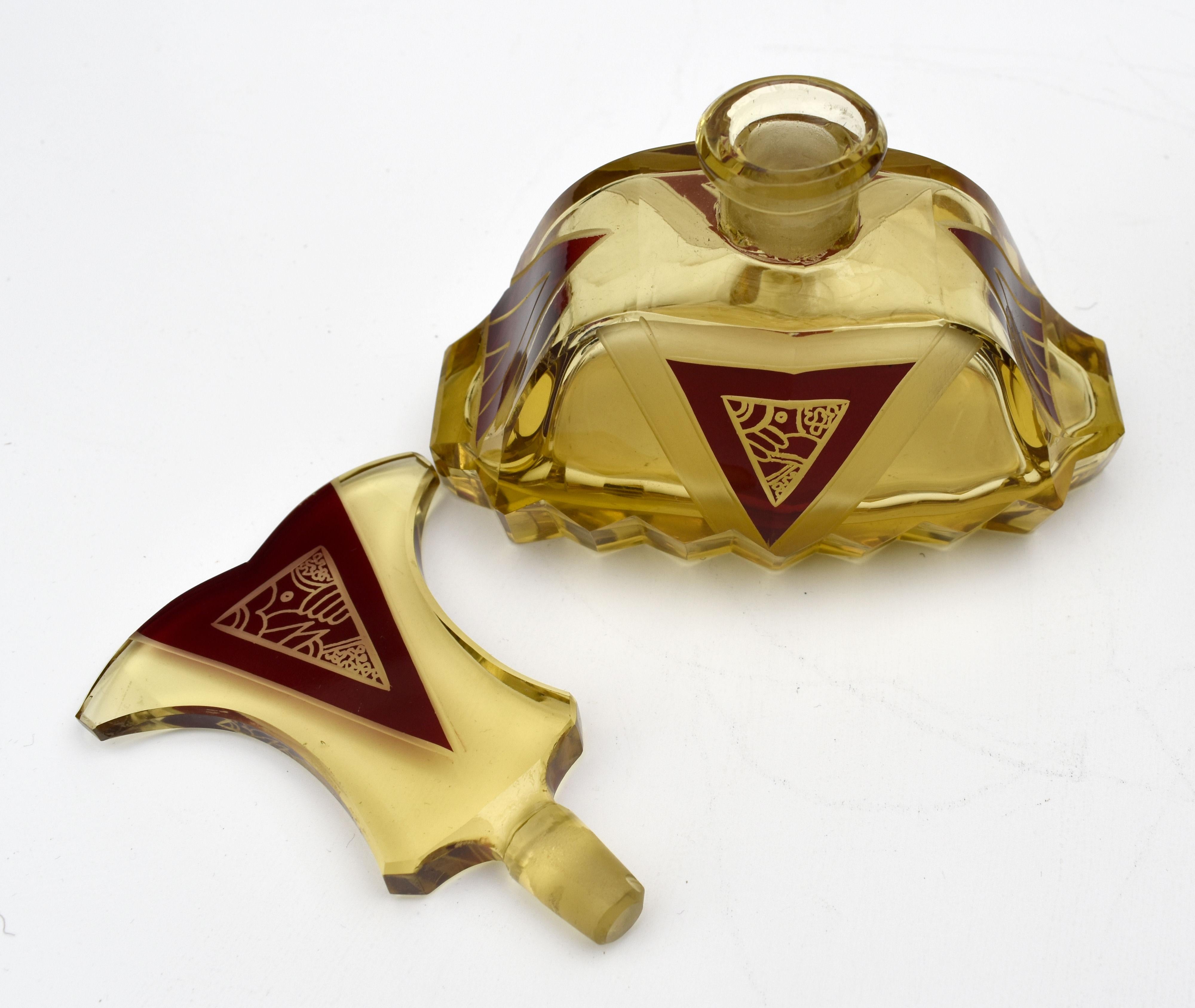 Enameled Art Deco Amber Coloured Glass Perfume Bottle by Karl Palda, c1930s For Sale