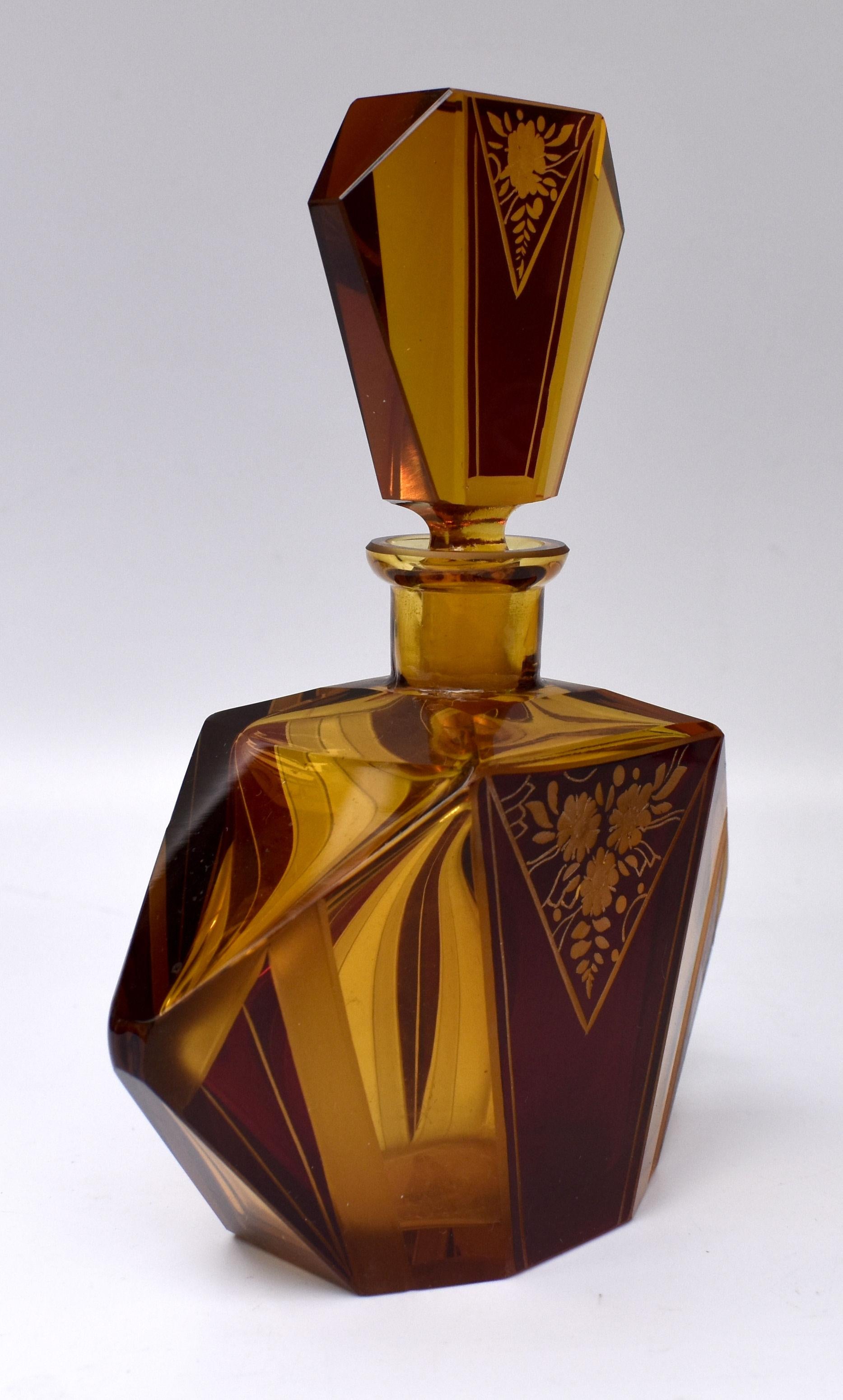 Czech Art Deco Amber Coloured Glass Perfume Bottle by Karl Palda, c1930s
