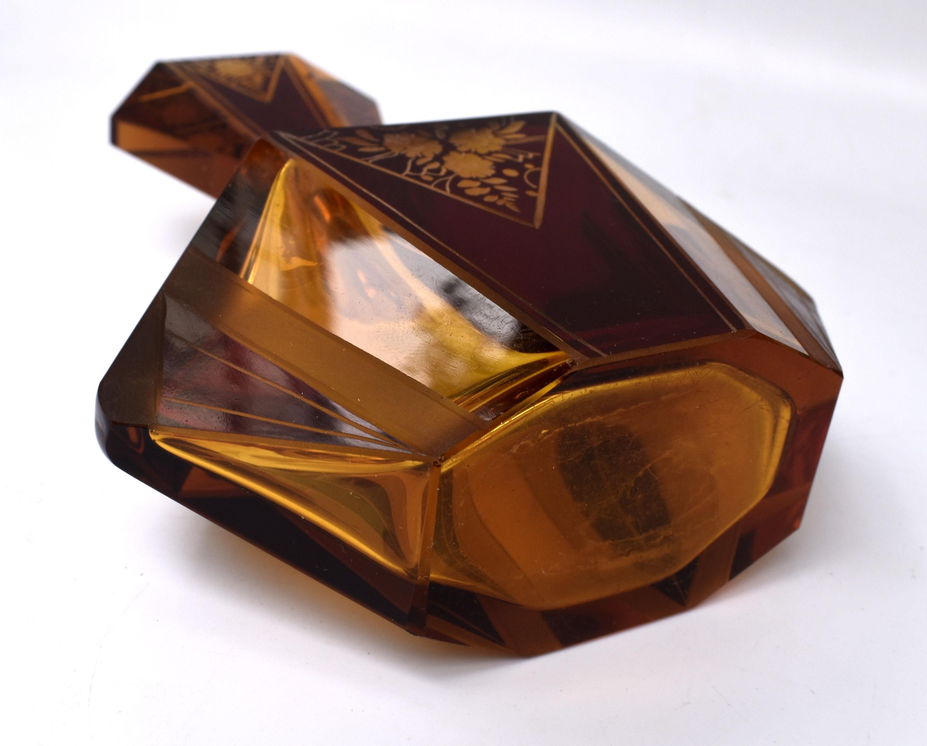 Enameled Art Deco Amber Coloured Glass Perfume Bottle by Karl Palda, c1930s