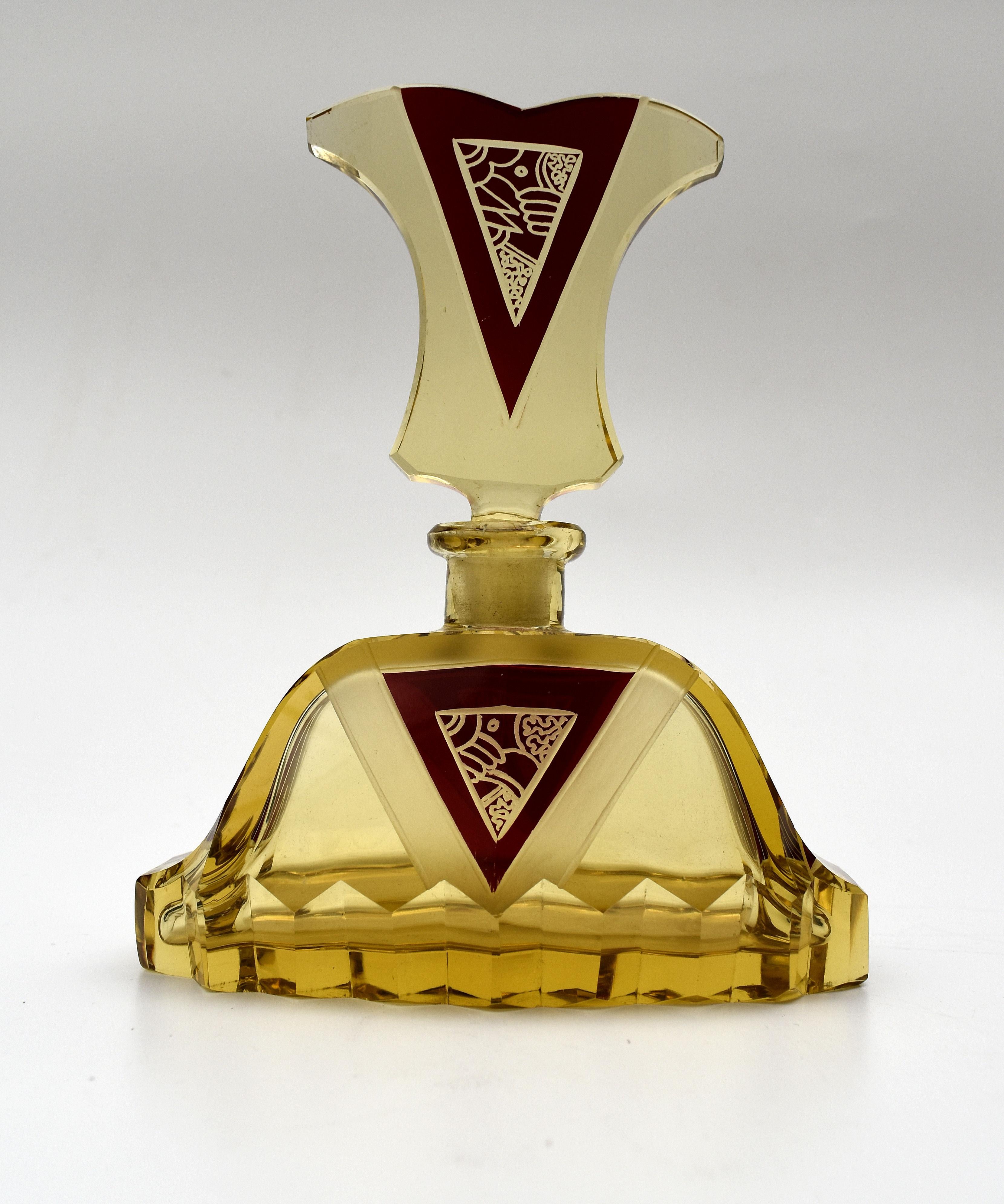 Cut Glass Art Deco Amber Coloured Glass Perfume Bottle by Karl Palda, c1930s