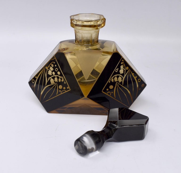 Czech Art Deco Amber Coloured Glass Perfume Bottle, c1930s For Sale