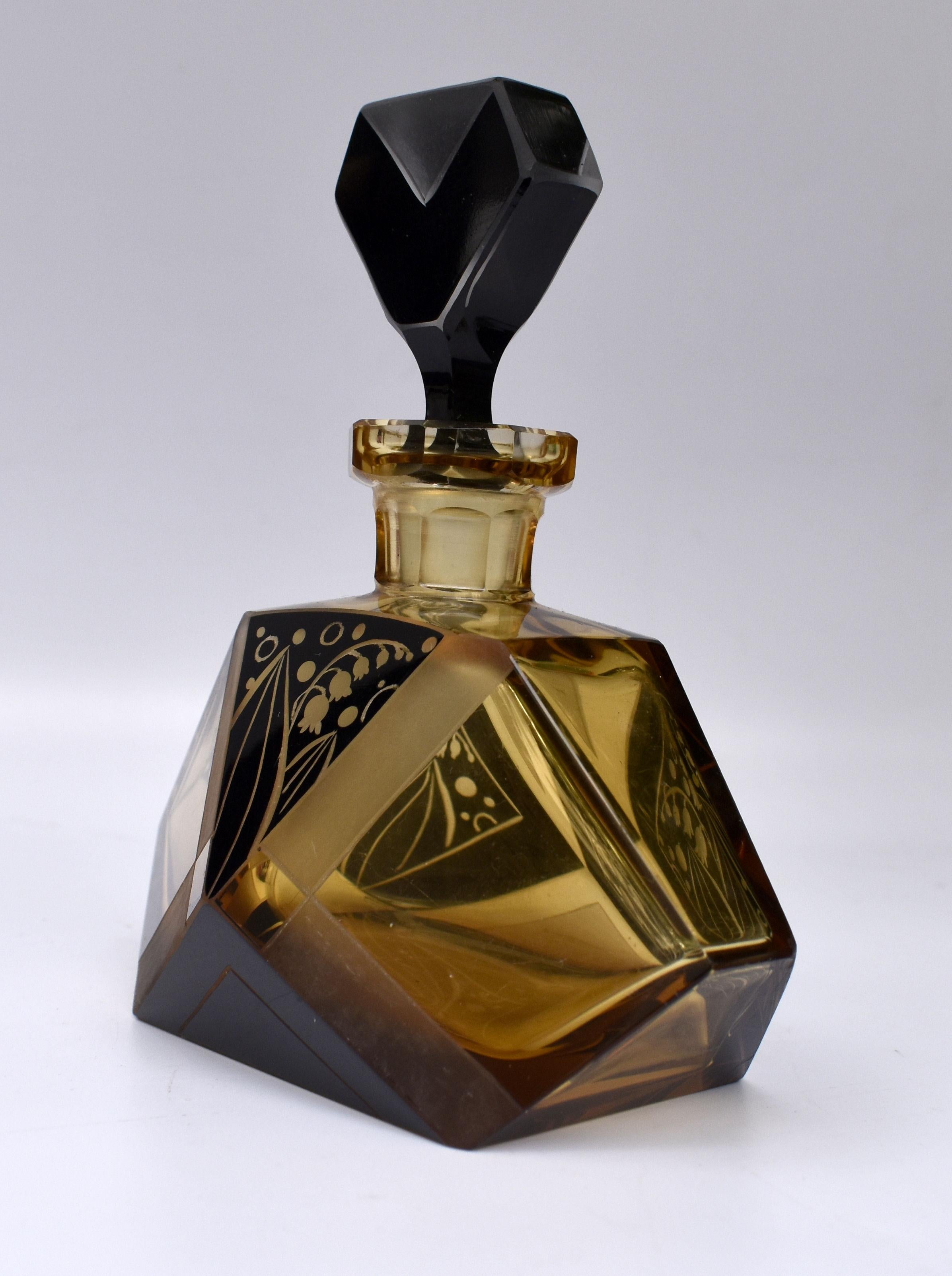 Czech Art Deco Amber Coloured Glass Perfume Bottle, c1930s