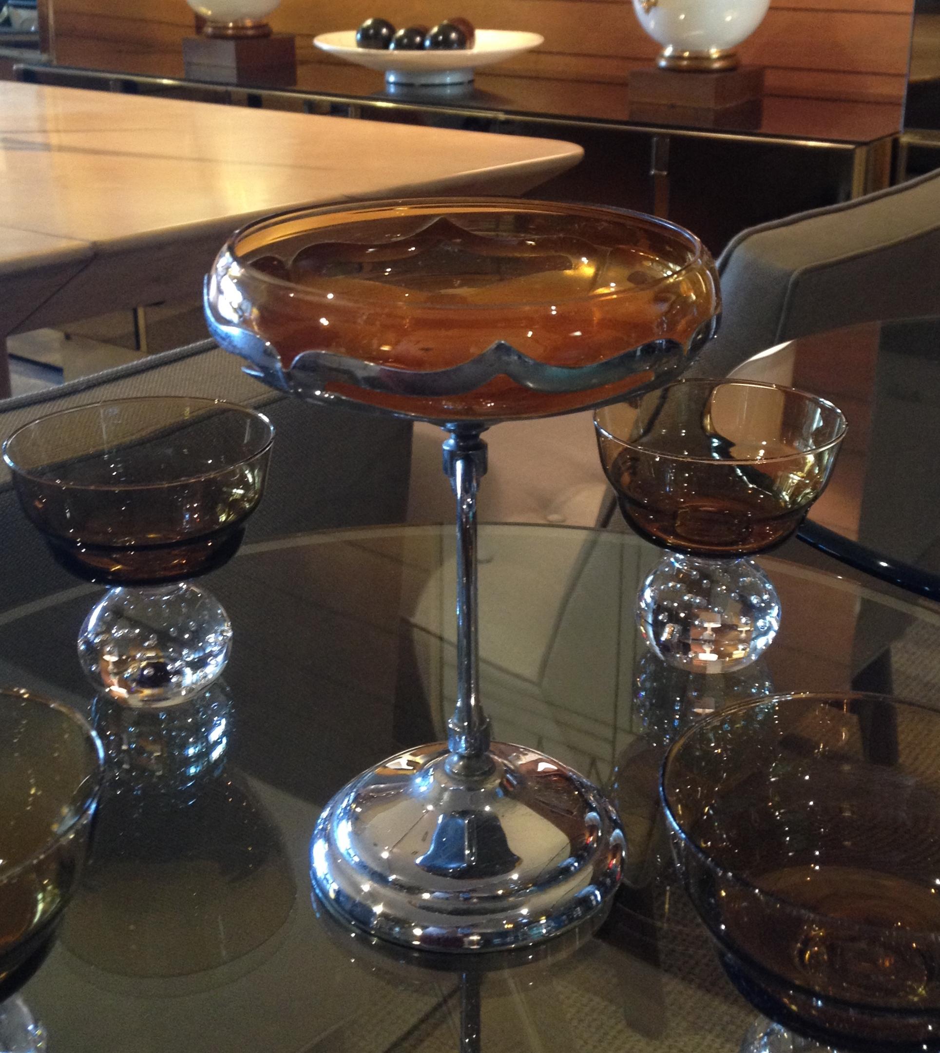 Mid-Century Modern Art Deco Amber Glass Bowl on a Chrome Stand made in NY