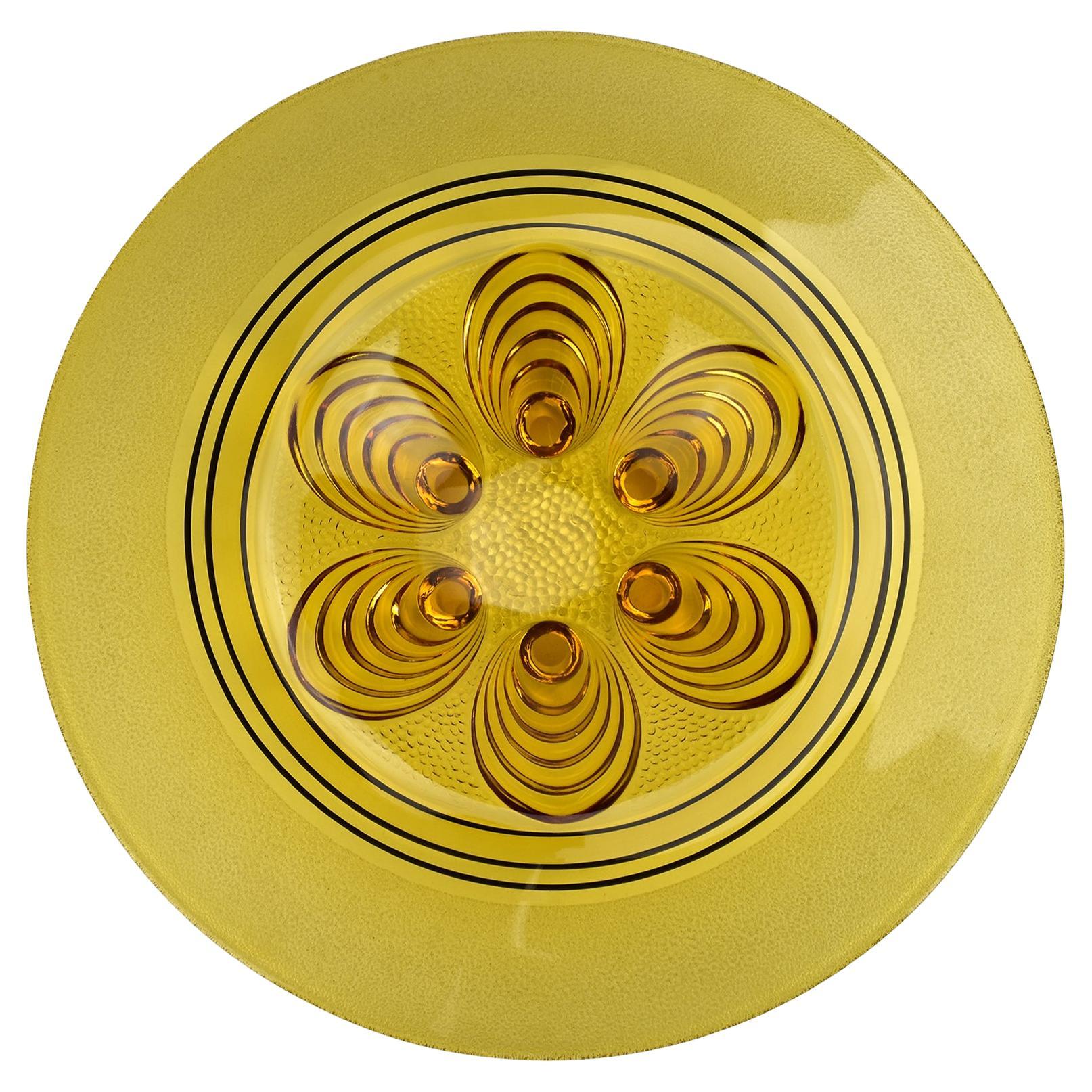 Bol de centre de table Art Déco en verre ambré avec motif de paon en relief
