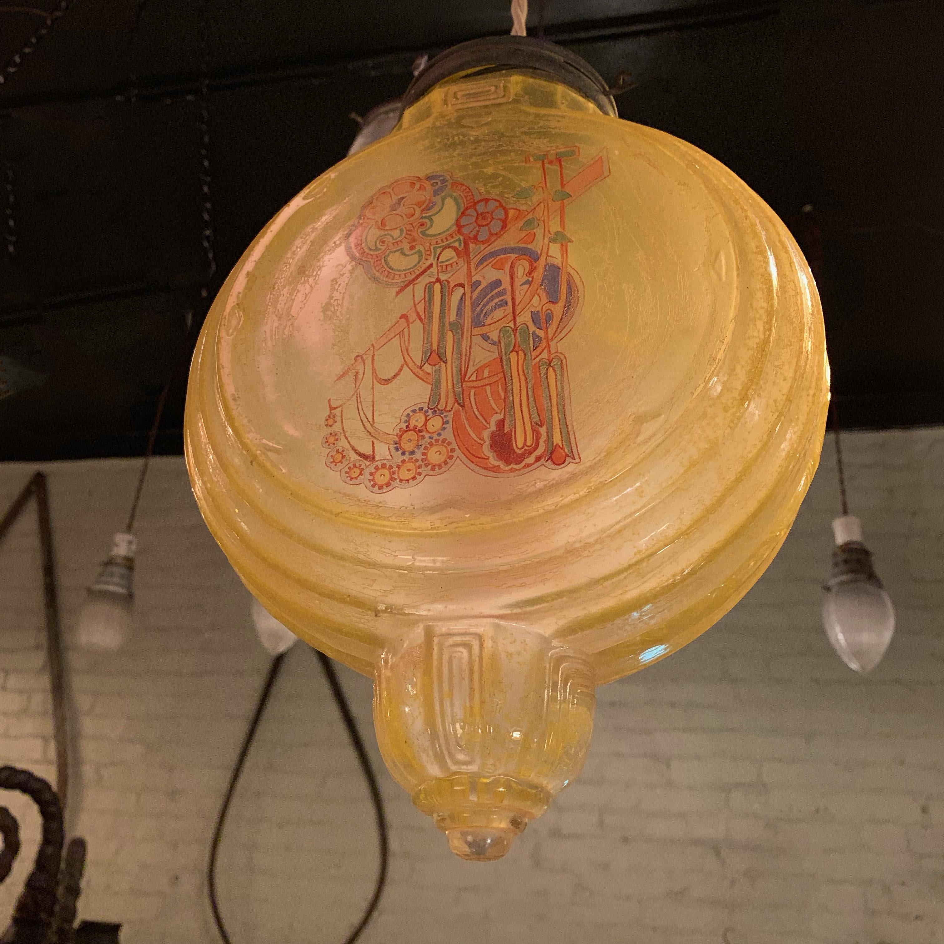 20th Century Art Deco Amber Glass Chinoiserie Pendant Light