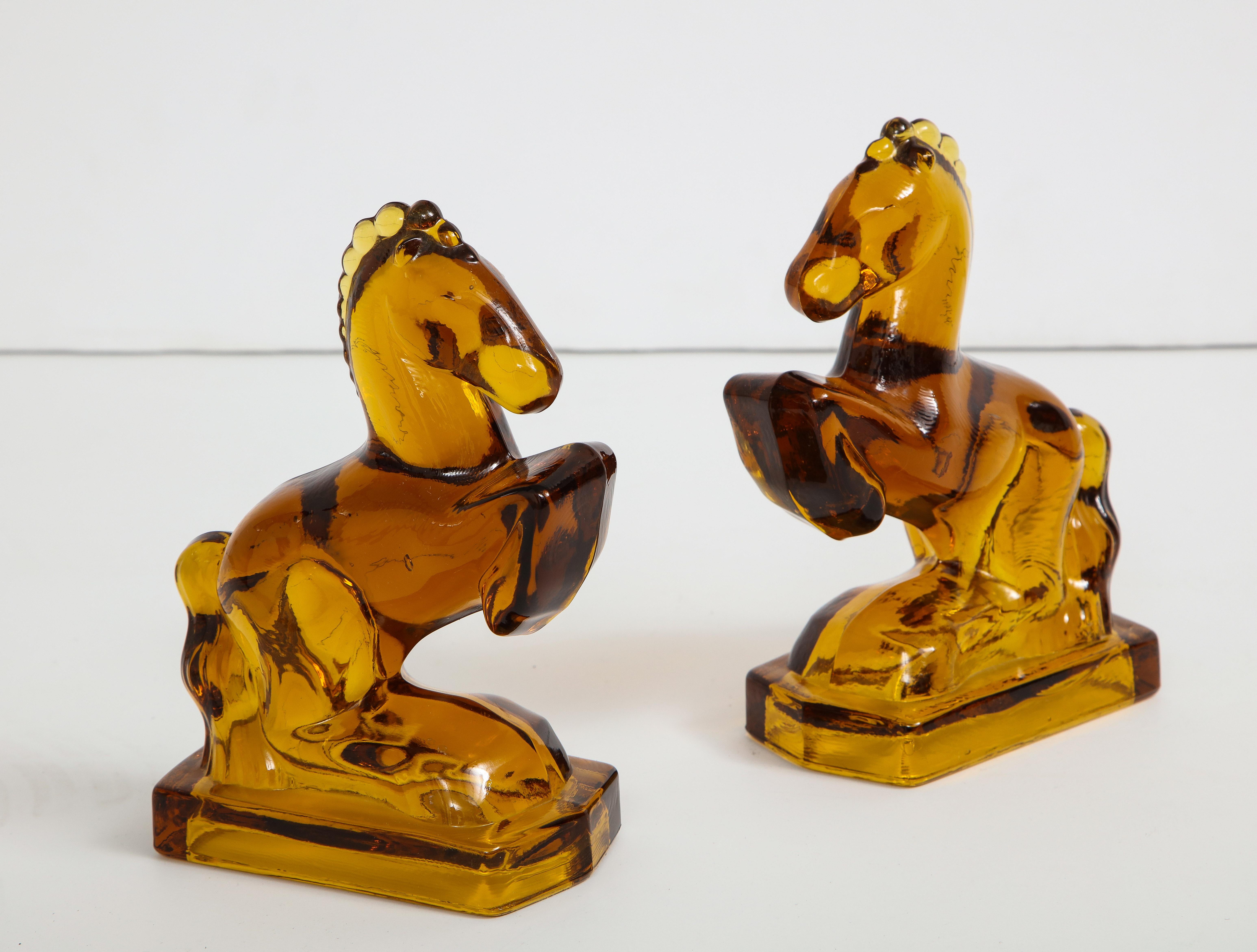 North American Art Deco Amber Glass Horse Bookends