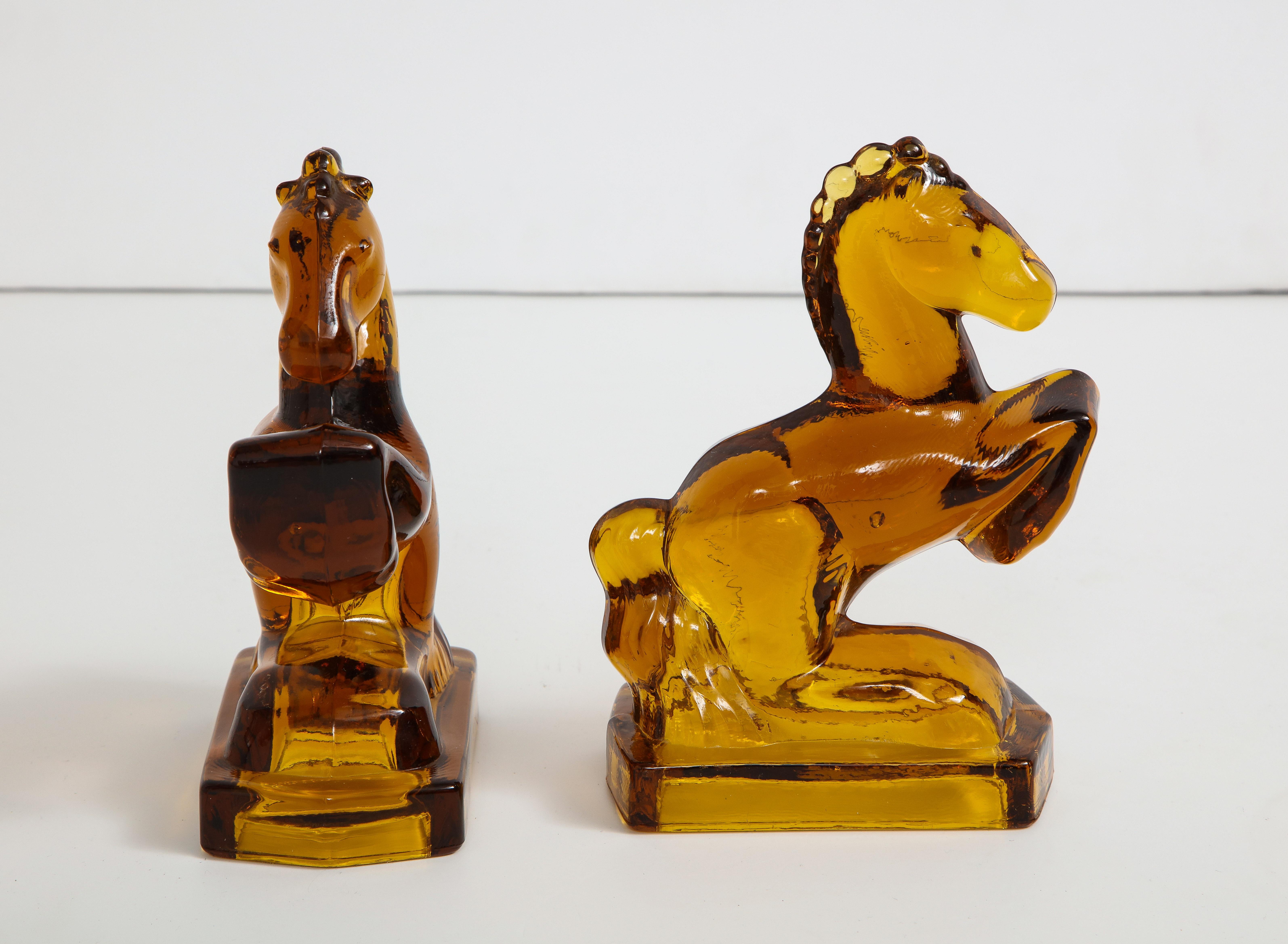 Art Deco Amber Glass Horse Bookends In Excellent Condition In New York, NY